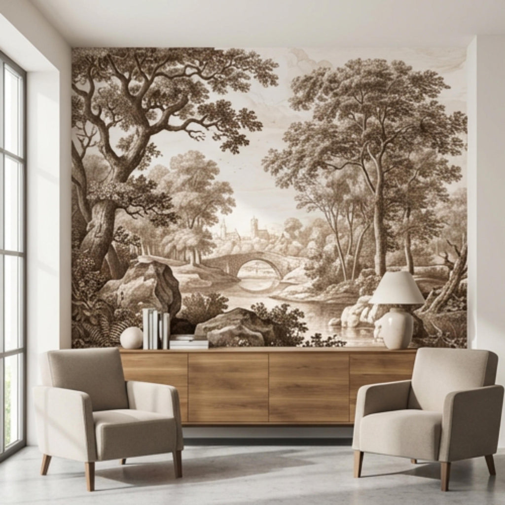 Sepia Vintage Engraving LandscapePeel and Stick Wall Mural, Woodland River Stone Bridge, Neutral Antique Toile Style Wallpaper