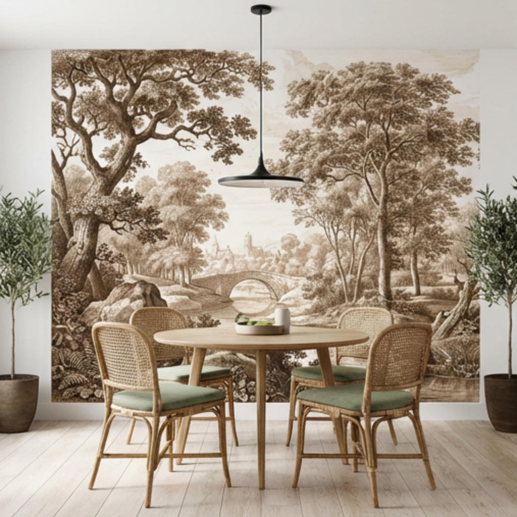 Sepia Vintage Engraving LandscapePeel and Stick Wall Mural, Woodland River Stone Bridge, Neutral Antique Toile Style Wallpaper