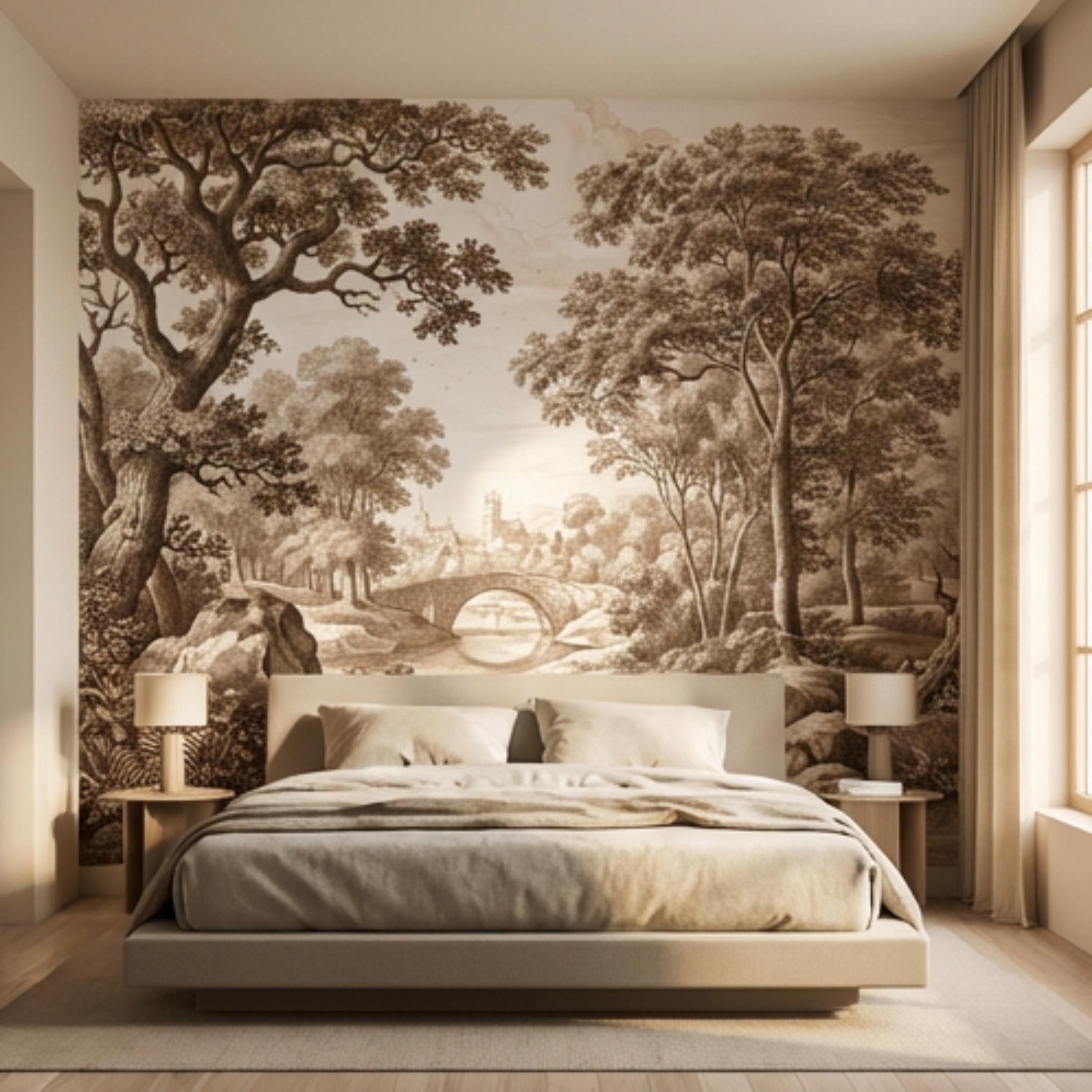 Sepia Vintage Engraving LandscapePeel and Stick Wall Mural, Woodland River Stone Bridge, Neutral Antique Toile Style Wallpaper