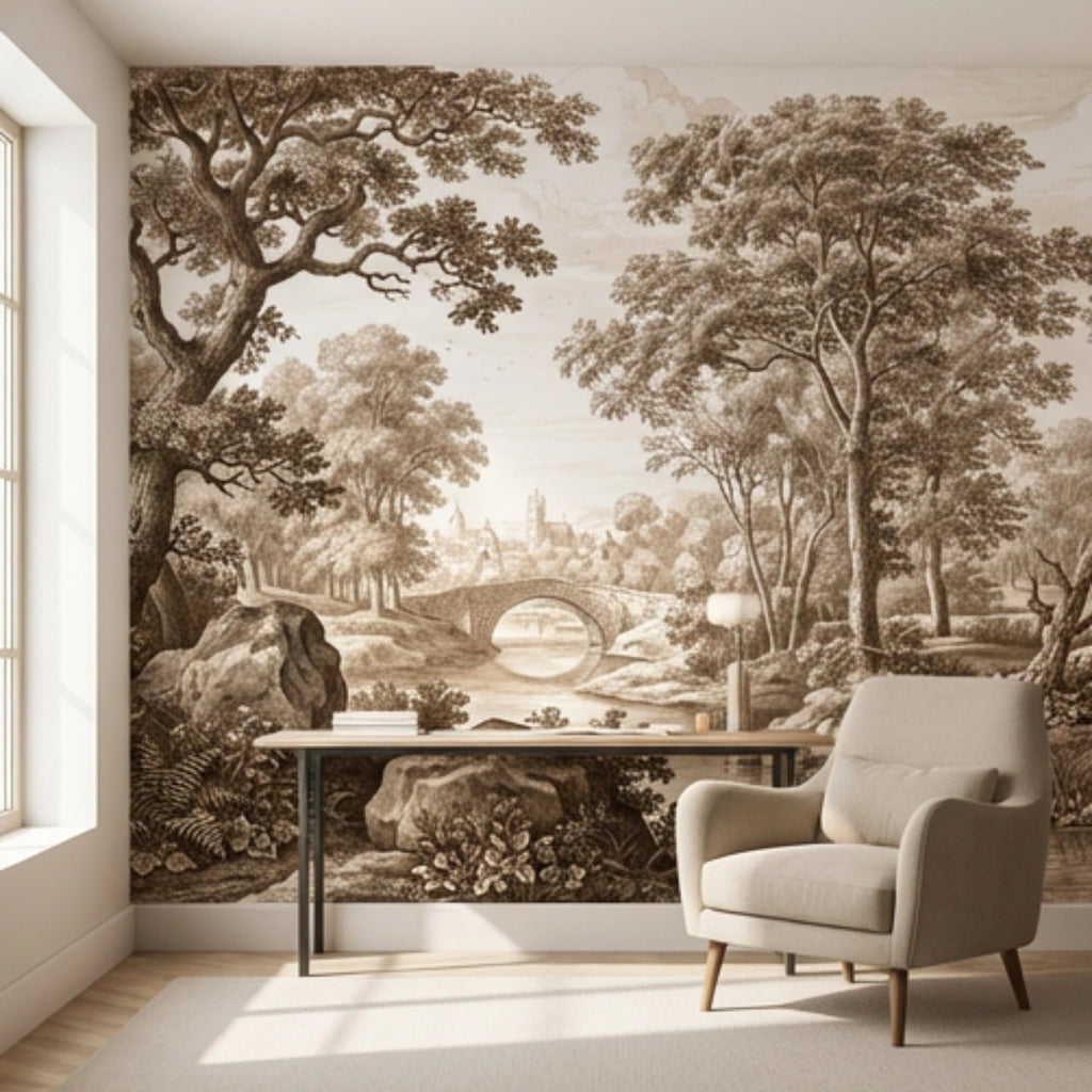 Sepia Vintage Engraving LandscapePeel and Stick Wall Mural, Woodland River Stone Bridge, Neutral Antique Toile Style Wallpaper
