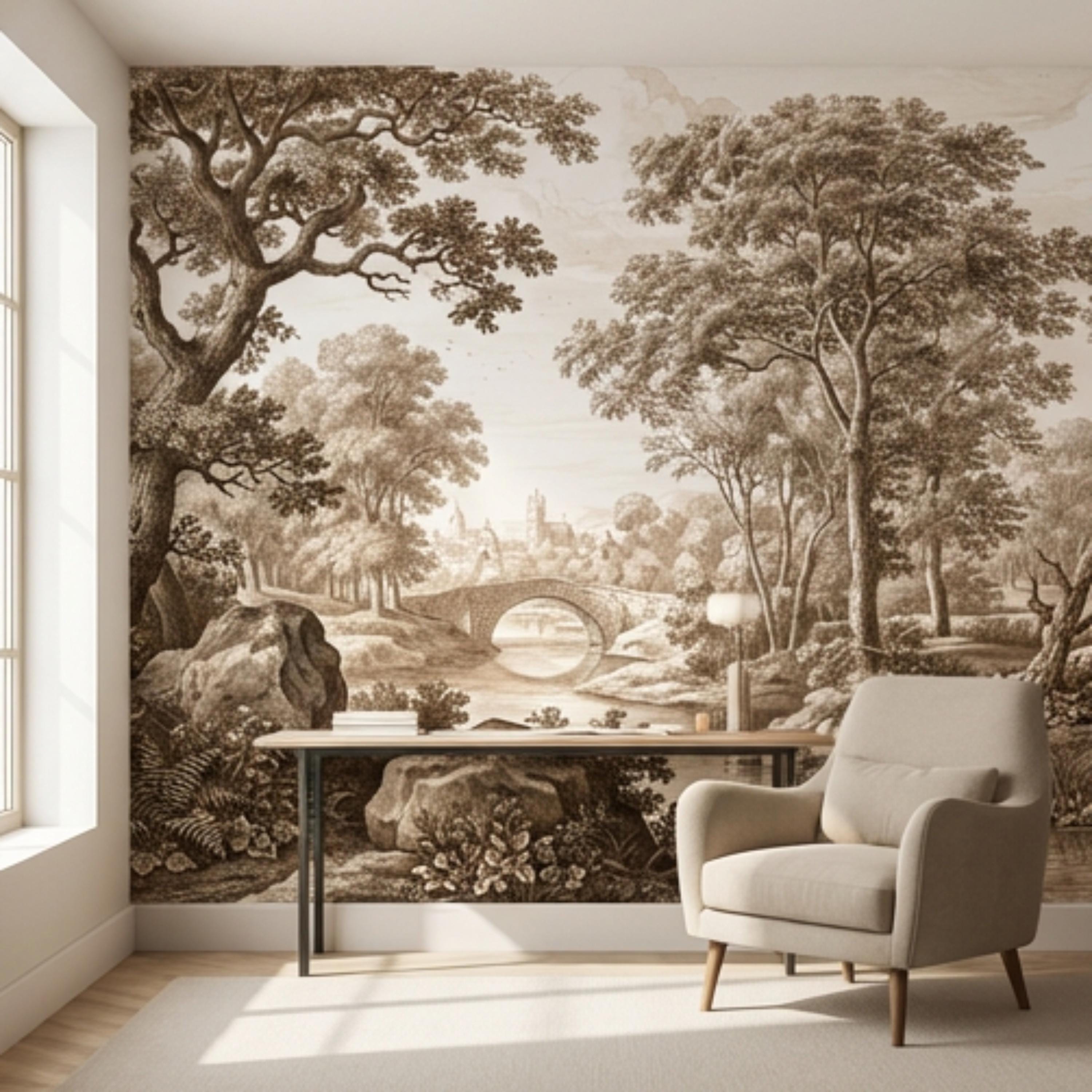 Sepia Vintage Engraving LandscapePeel and Stick Wall Mural, Woodland River Stone Bridge, Neutral Antique Toile Style Wallpaper
