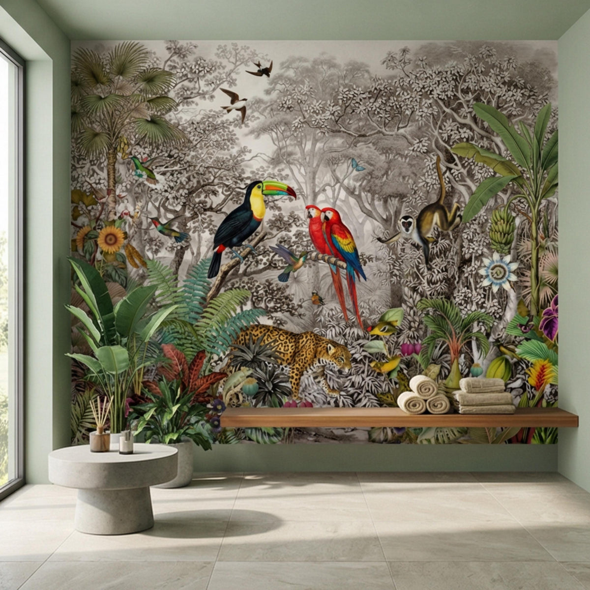 Tropical jungle wall mural featuring toucan, parrots, jaguar and dense illustrated plants