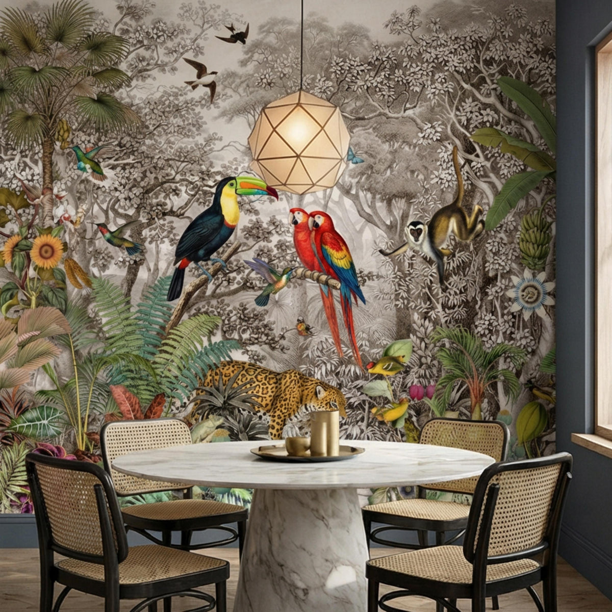 Tropical animal wall mural with toucan, red macaw, jaguar/leopard and jungle leaves