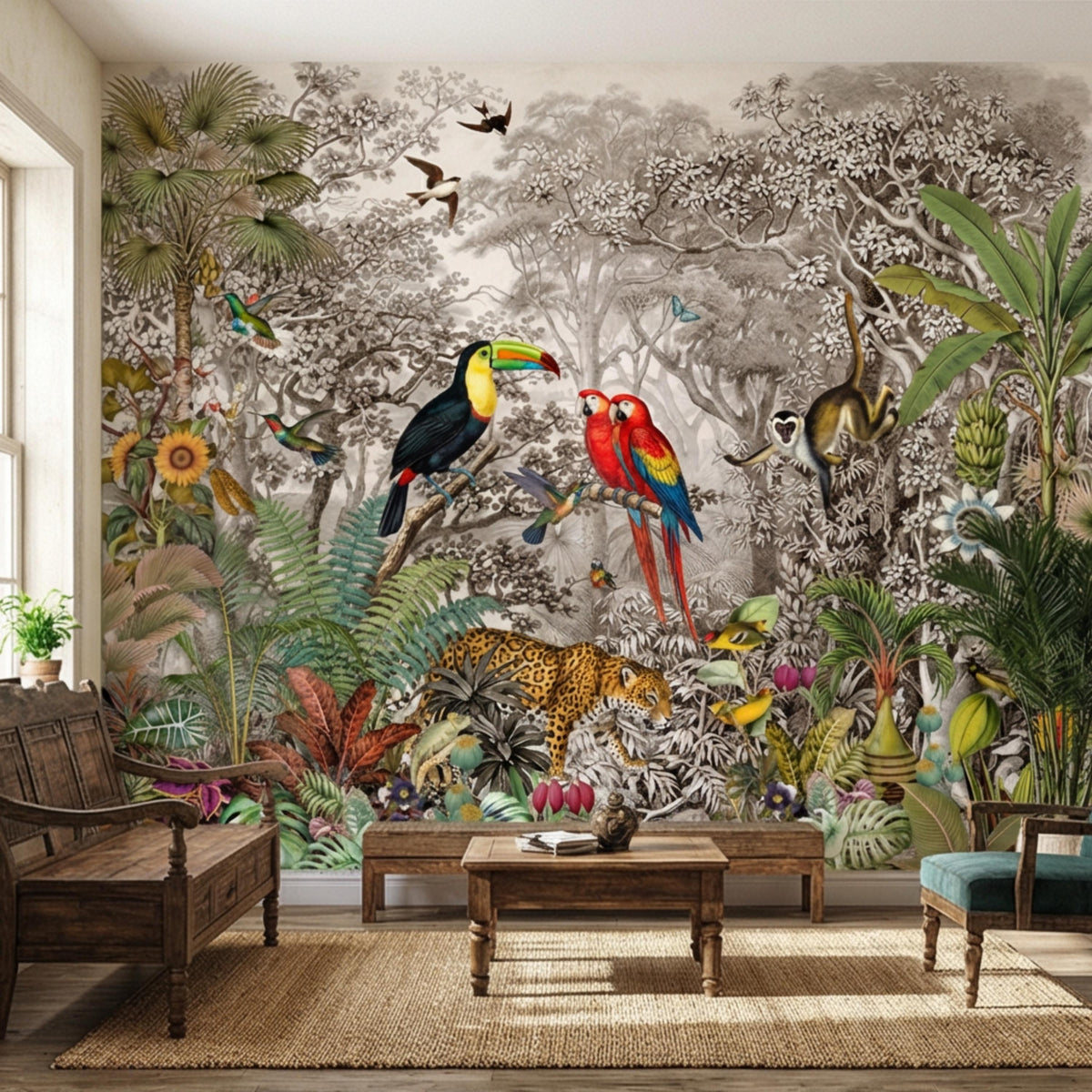 Tropical wildlife wall mural with toucan, macaws, jaguar, monkeys and lush jungle foliage