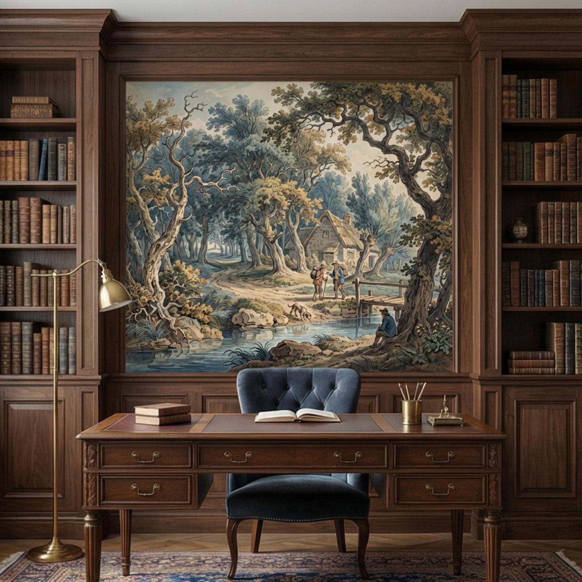 Wood-paneled room with countryside river landscape wall mural featuring trees and people