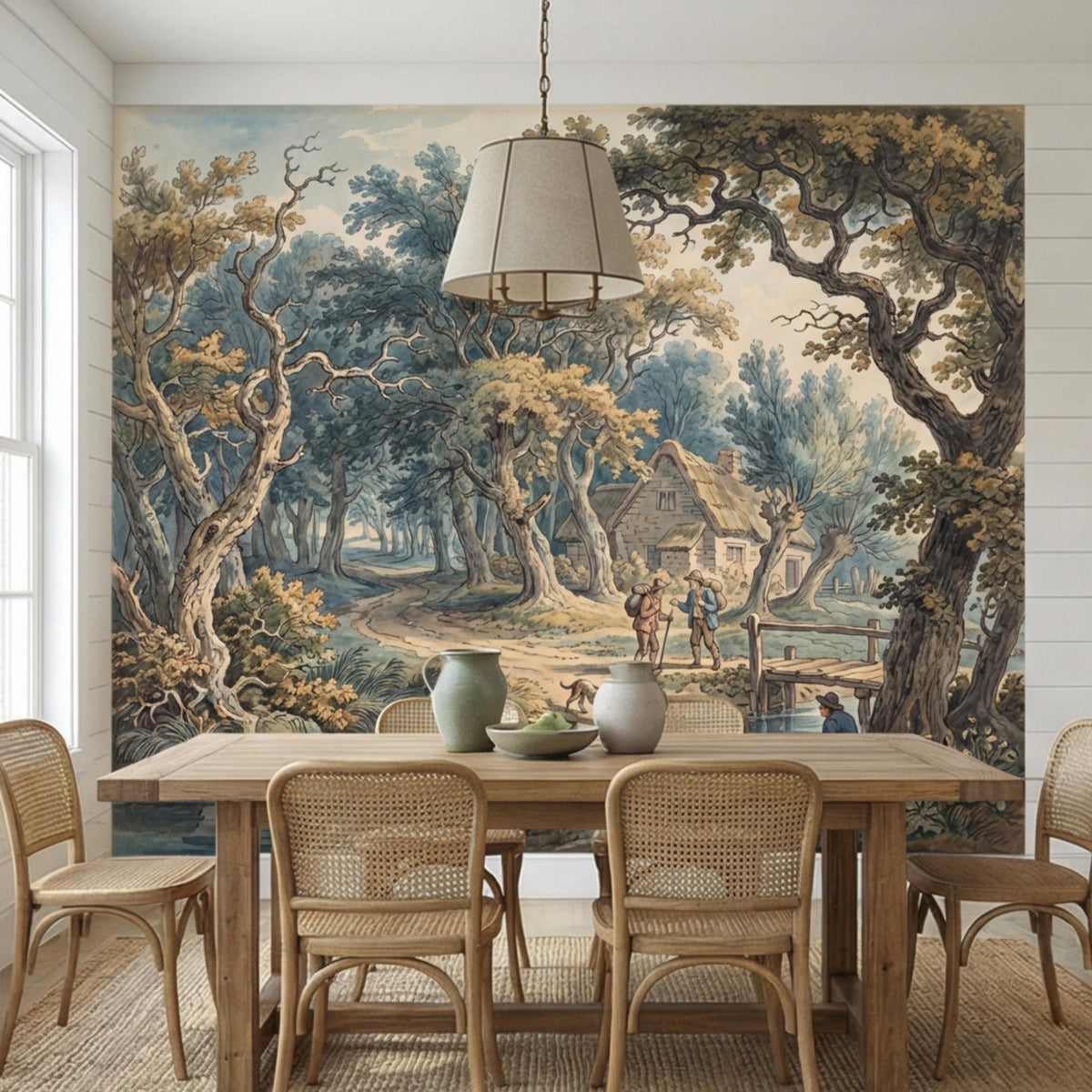 Countryside river landscape wall mural with big trees and a small farmhouse scene