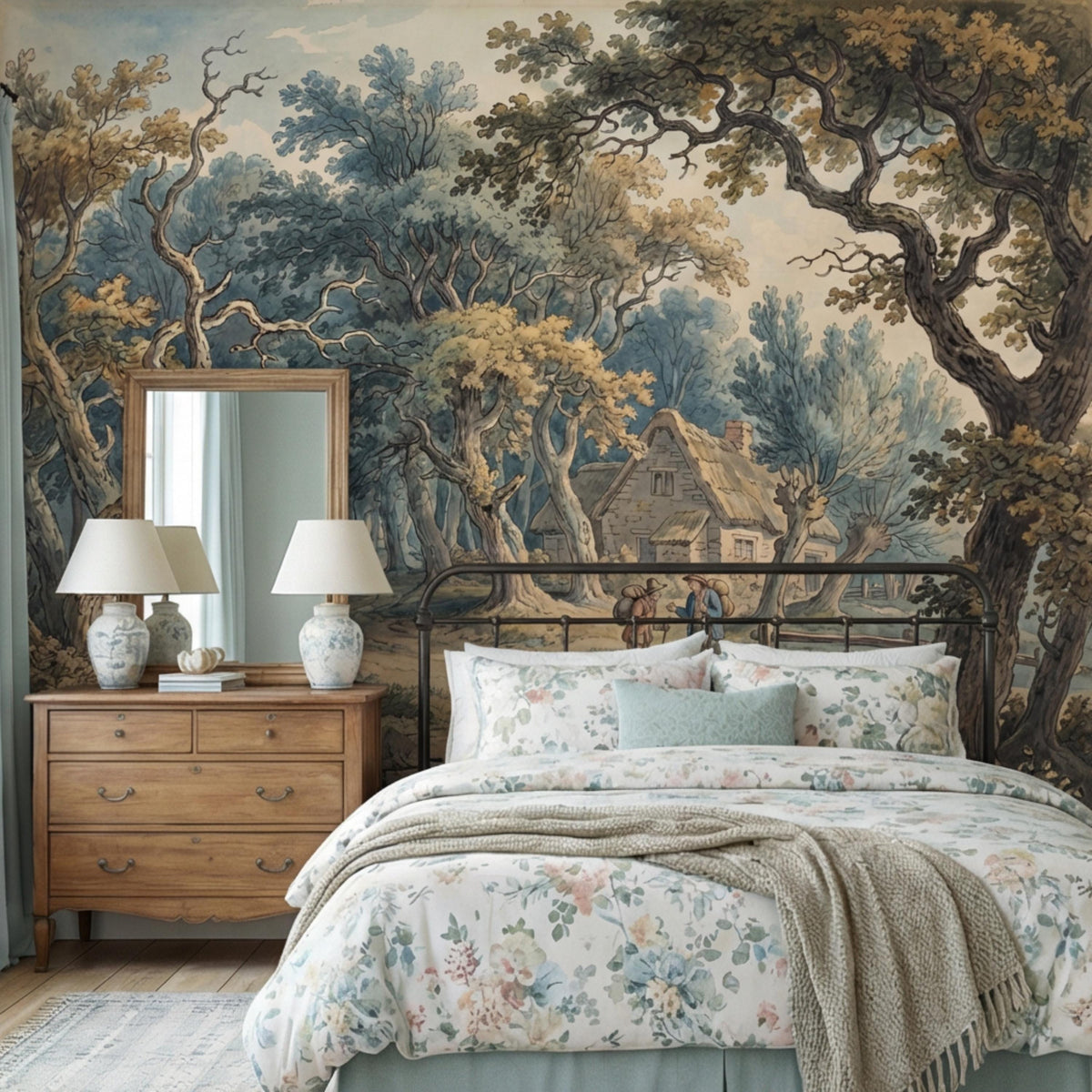 Countryside river landscape wall mural with blue water, trees, and a small cabin