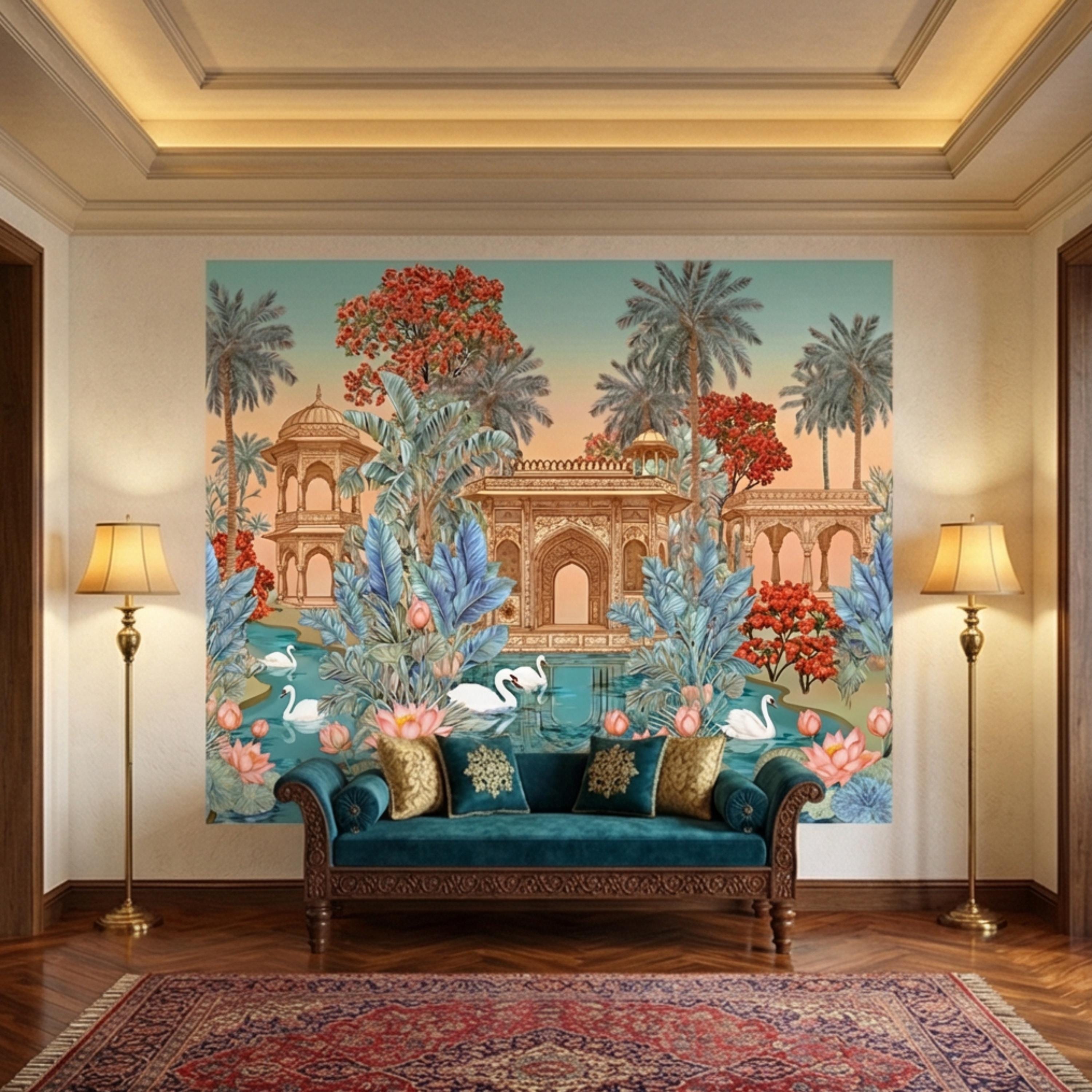 Indian Palace Lotus Pond Peel and Stick Wall Mural, Tropical Palm Garden with Swans, Jaipur Inspired Maximalist Wallpaper