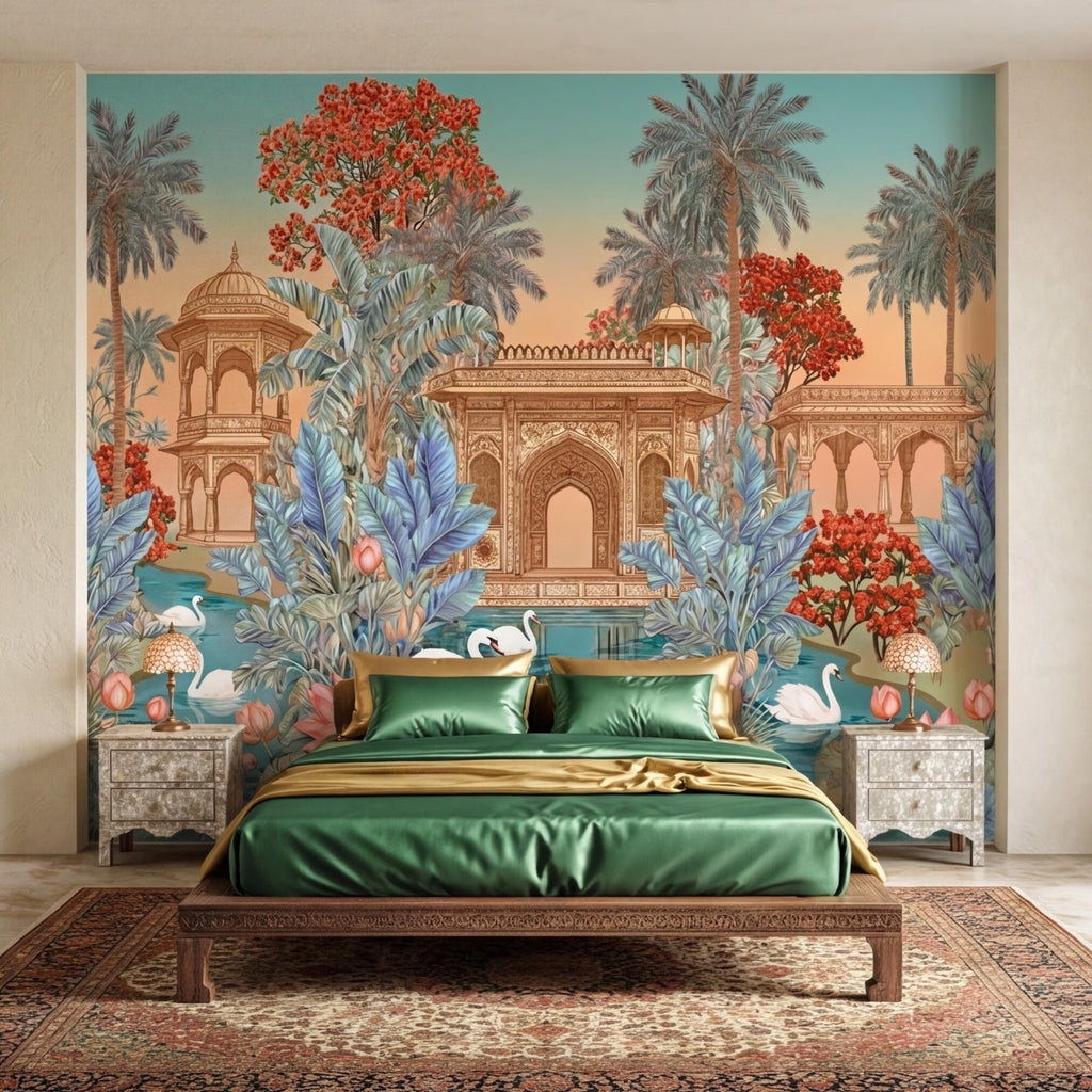 Indian Palace Lotus Pond Peel and Stick Wall Mural, Tropical Palm Garden with Swans, Jaipur Inspired Maximalist Wallpaper