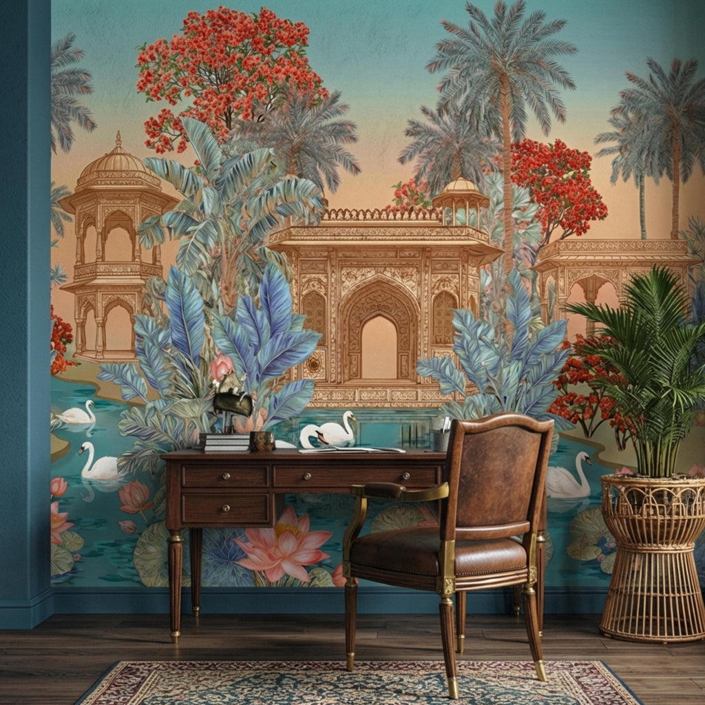 Indian Palace Lotus Pond Peel and Stick Wall Mural, Tropical Palm Garden with Swans, Jaipur Inspired Maximalist Wallpaper