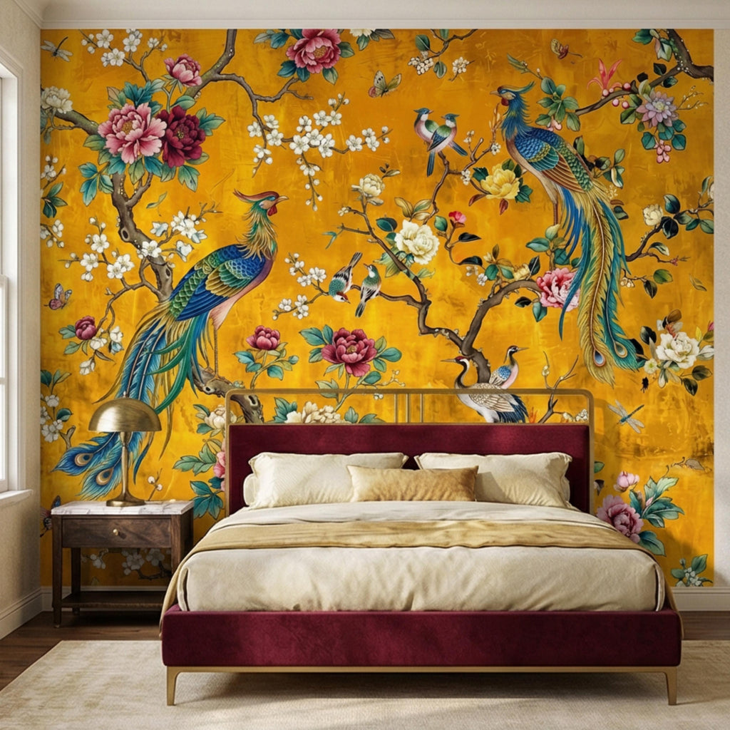 Exotic Chinoiserie Birds & Peonies Peel and Stick Wall Mural, Yellow Botanical Florals with Butterflies Grandmillennial Wallpaper