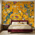 Exotic Chinoiserie Birds & Peonies Peel and Stick Wall Mural, Yellow Botanical Florals with Butterflies Grandmillennial Wallpaper