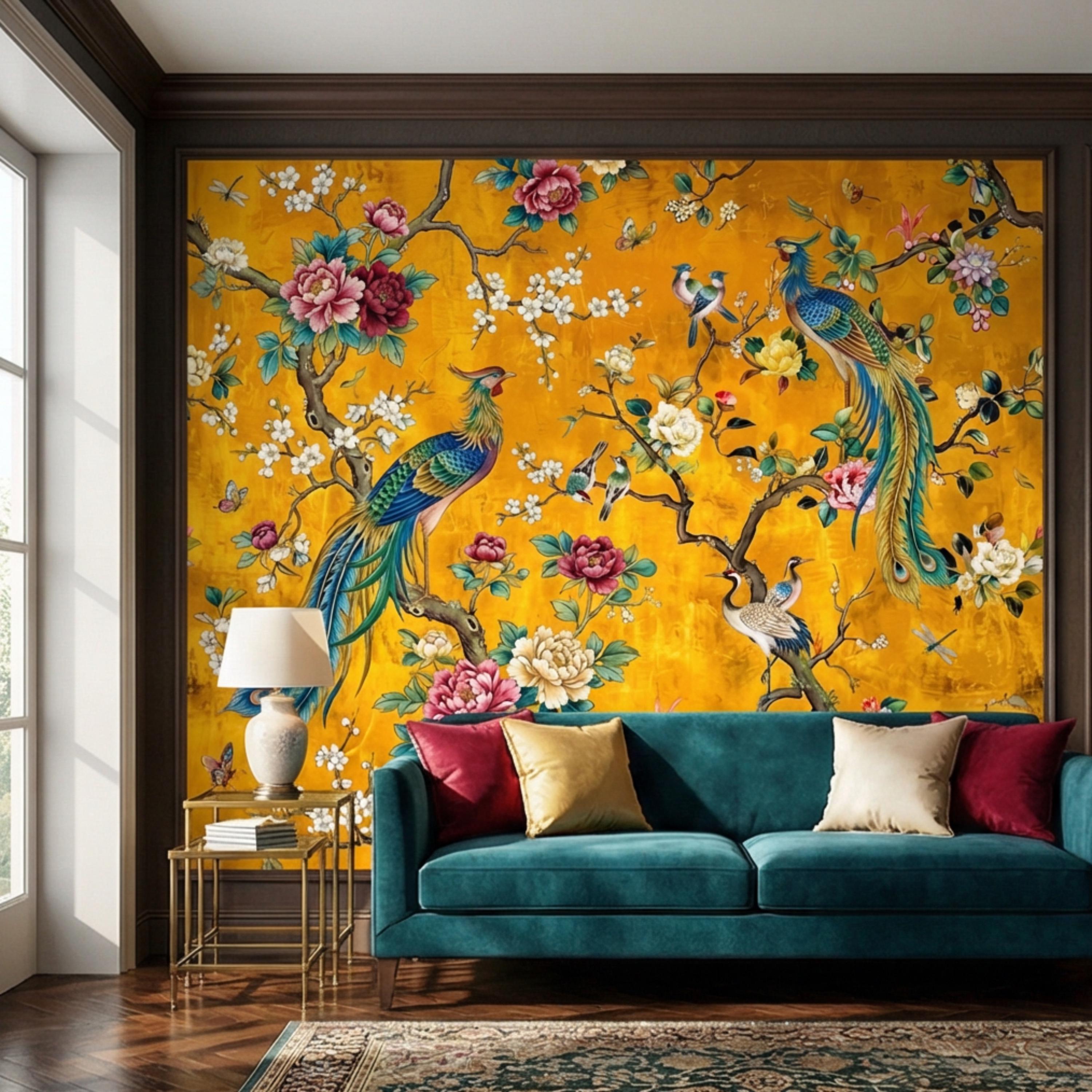 Exotic Chinoiserie Birds & Peonies Peel and Stick Wall Mural, Yellow Botanical Florals with Butterflies Grandmillennial Wallpaper