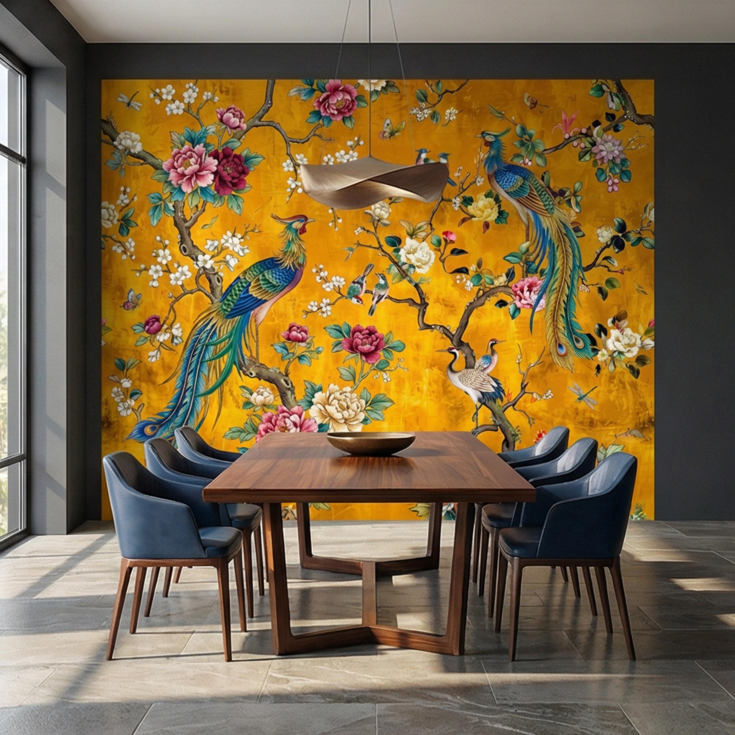 Exotic Chinoiserie Birds & Peonies Peel and Stick Wall Mural, Yellow Botanical Florals with Butterflies Grandmillennial Wallpaper