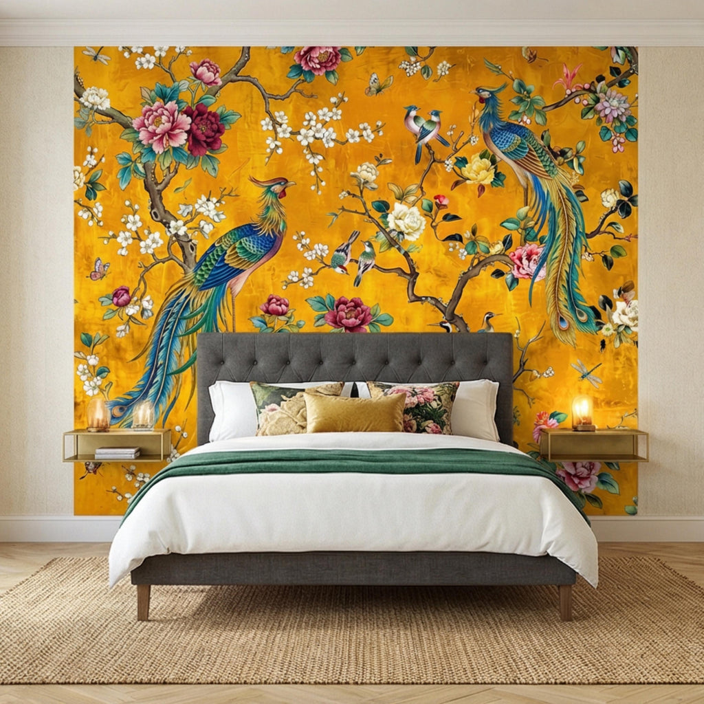 Exotic Chinoiserie Birds & Peonies Peel and Stick Wall Mural, Yellow Botanical Florals with Butterflies Grandmillennial Wallpaper