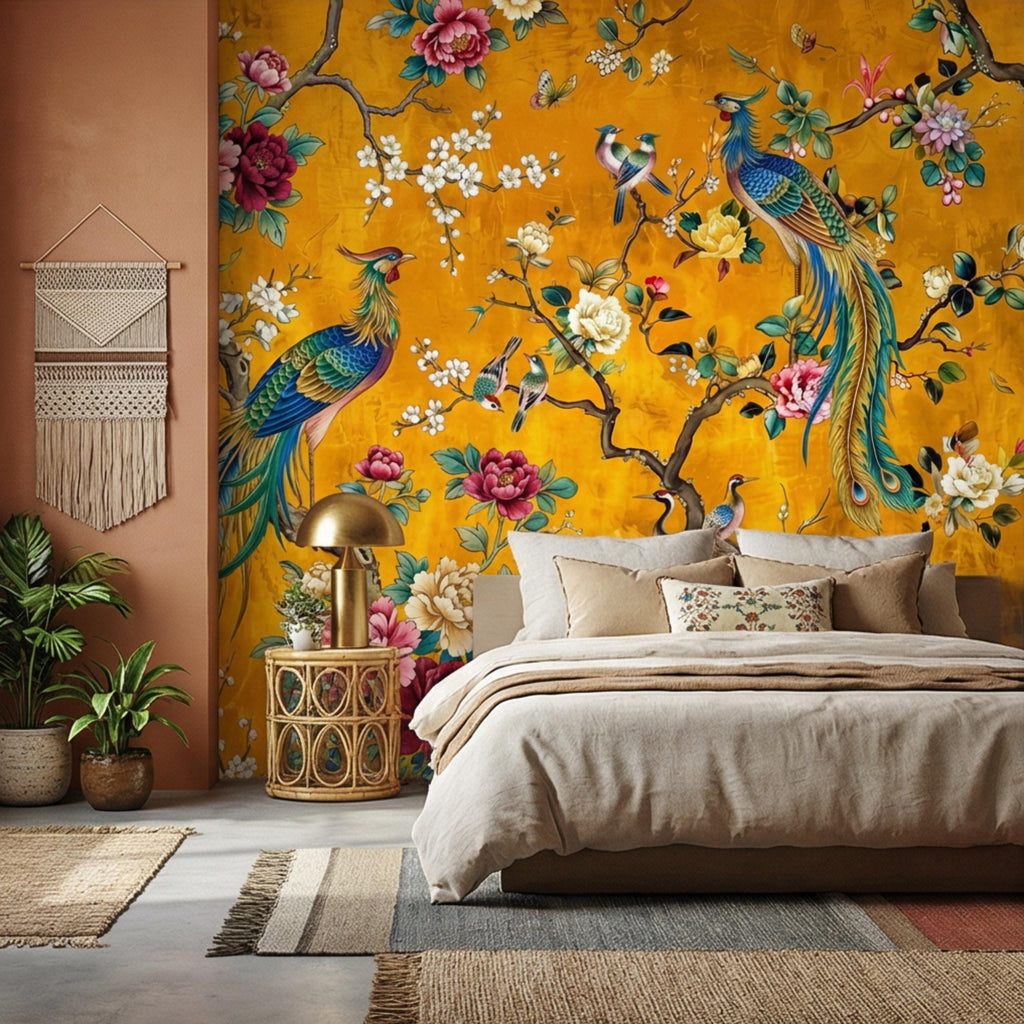 Exotic Chinoiserie Birds & Peonies Peel and Stick Wall Mural, Yellow Botanical Florals with Butterflies Grandmillennial Wallpaper