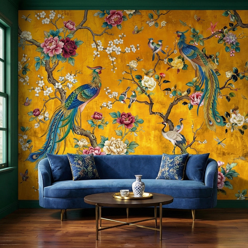 Exotic Chinoiserie Birds & Peonies Peel and Stick Wall Mural, Yellow Botanical Florals with Butterflies Grandmillennial Wallpaper