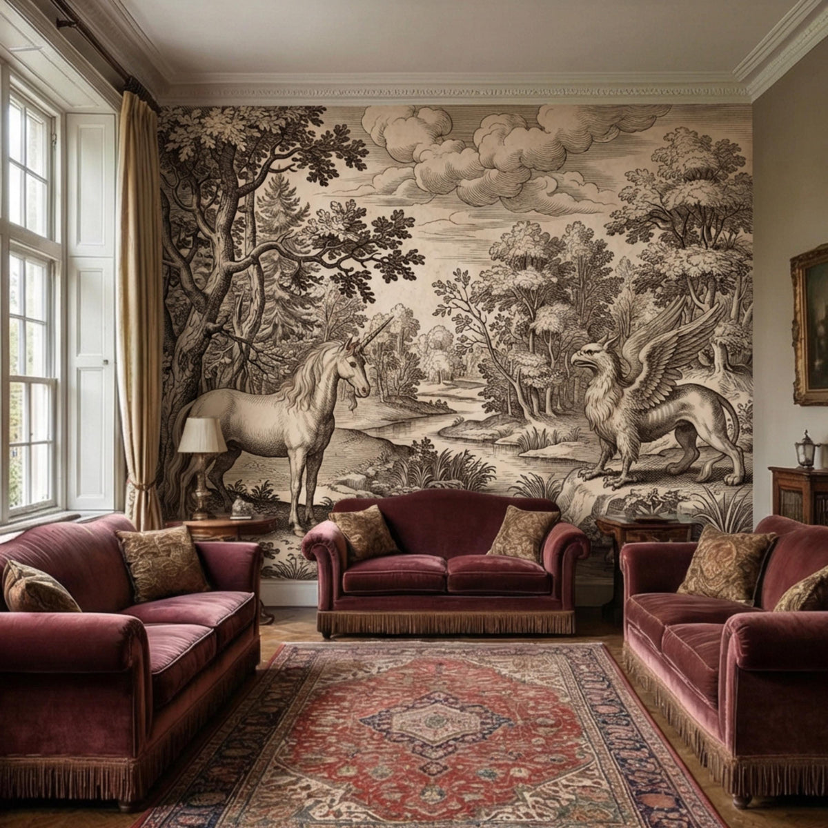 Enchanted forest wall mural featuring a unicorn and griffin in monochrome engraving