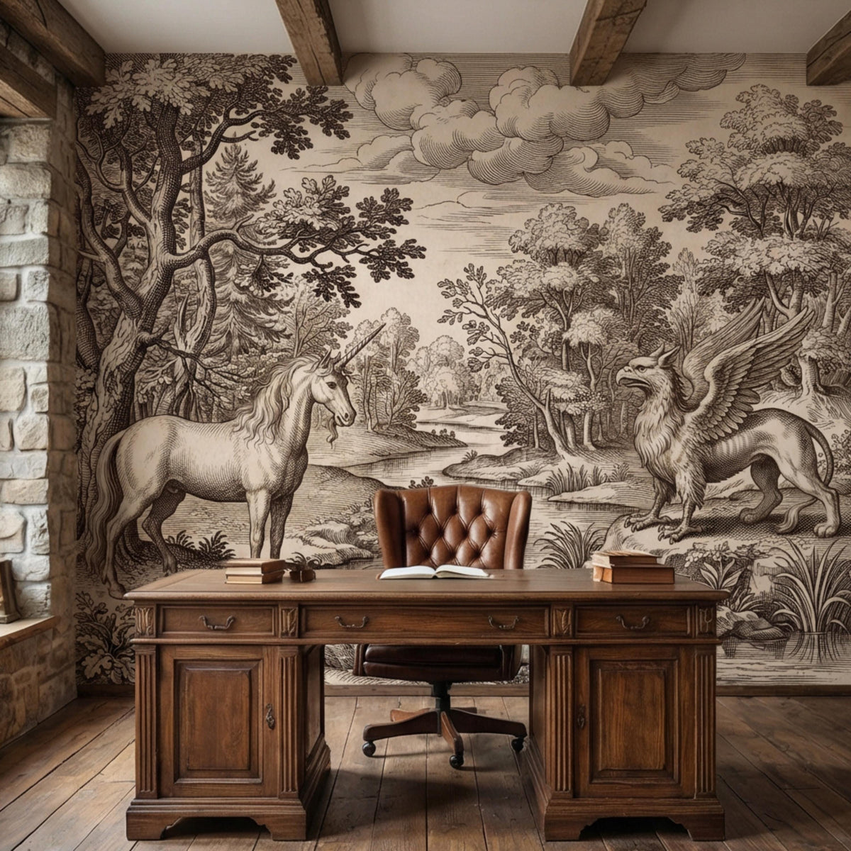 Antique-style unicorn and griffin fantasy forest wall mural with a winding river