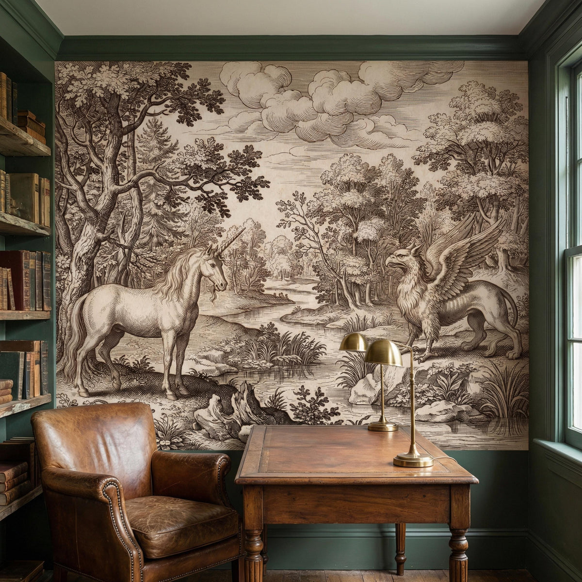 Unicorn and griffin woodland river wall mural, vintage sepia-toned engraving design