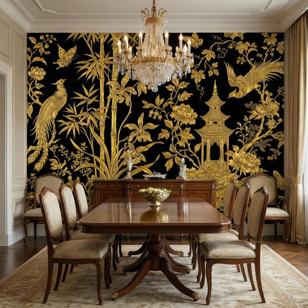 Luxe Black & Gold Botanical Asian Chinoiserie Peel and Stick Wall Mural, Bamboo Peony Pagoda Birds Butterflies Wallpaper