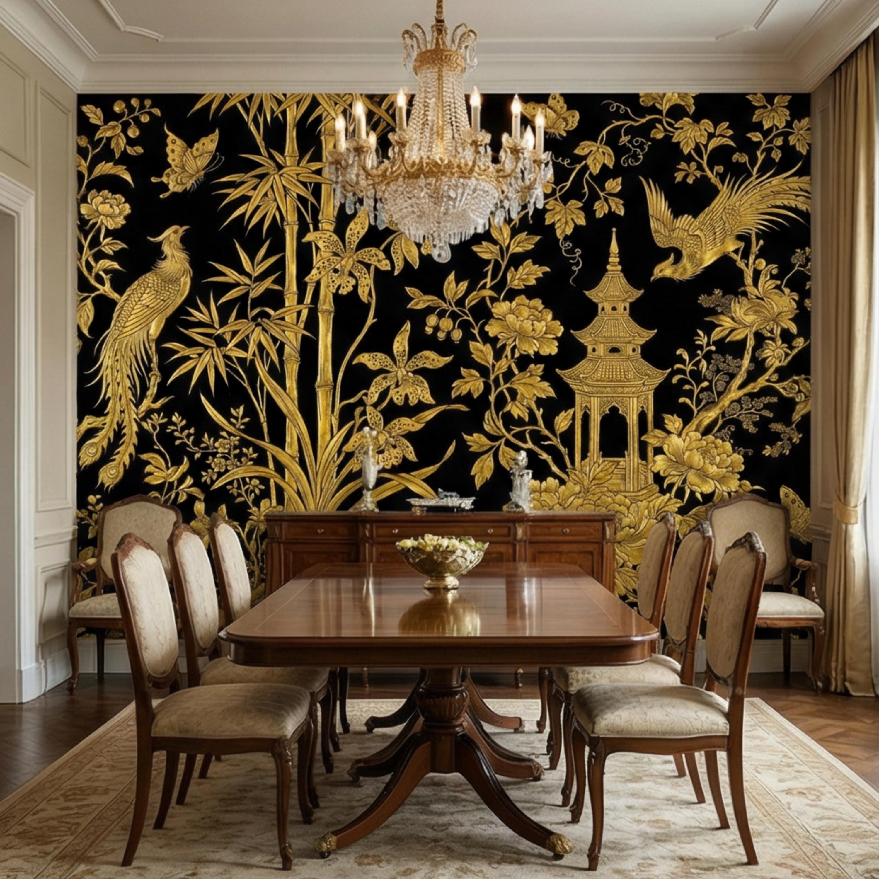 Luxe Black & Gold Botanical Asian Chinoiserie Peel and Stick Wall Mural, Bamboo Peony Pagoda Birds Butterflies Wallpaper