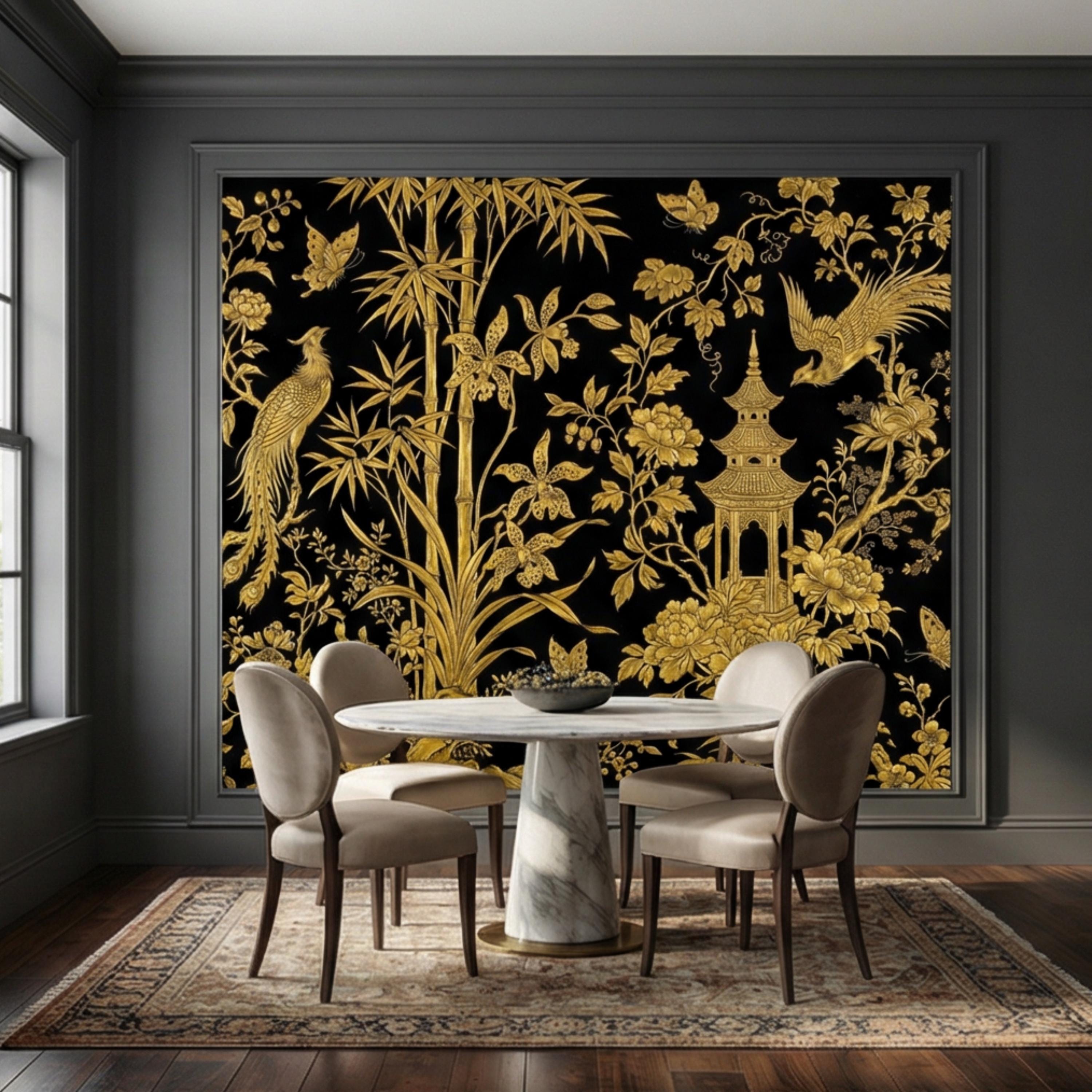 Luxe Black & Gold Botanical Asian Chinoiserie Peel and Stick Wall Mural, Bamboo Peony Pagoda Birds Butterflies Wallpaper