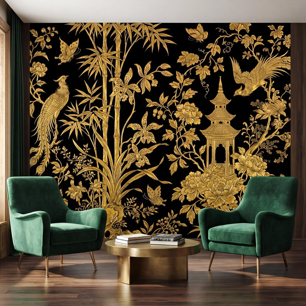 Luxe Black & Gold Botanical Asian Chinoiserie Peel and Stick Wall Mural, Bamboo Peony Pagoda Birds Butterflies Wallpaper