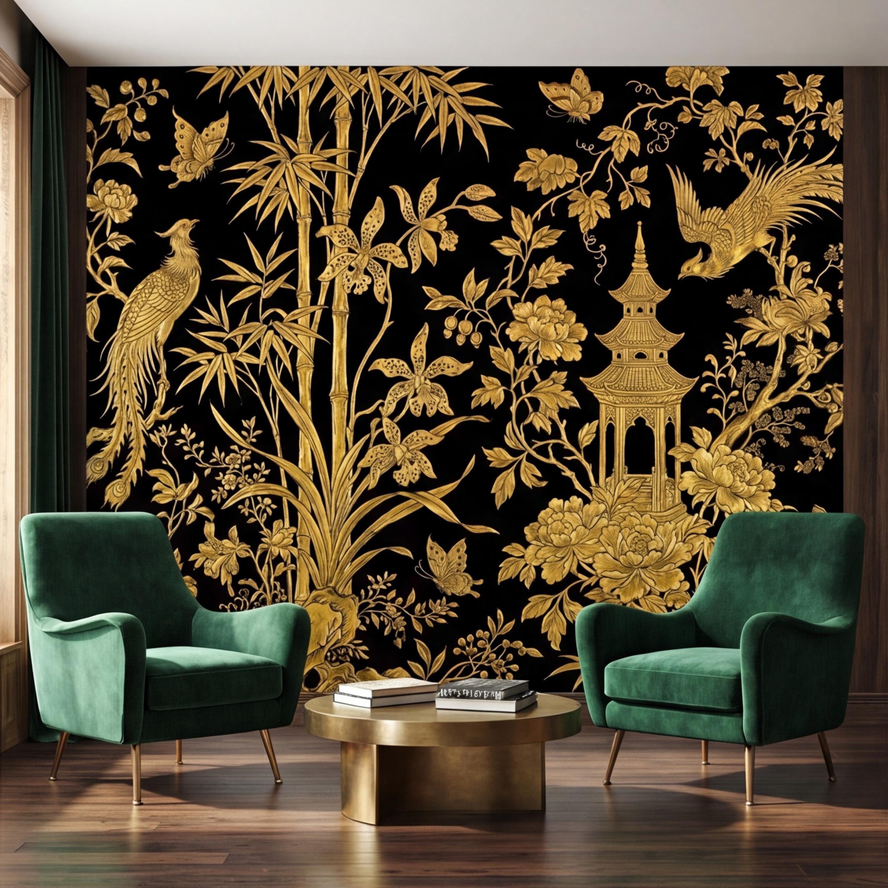 Luxe Black & Gold Botanical Asian Chinoiserie Peel and Stick Wall Mural, Bamboo Peony Pagoda Birds Butterflies Wallpaper