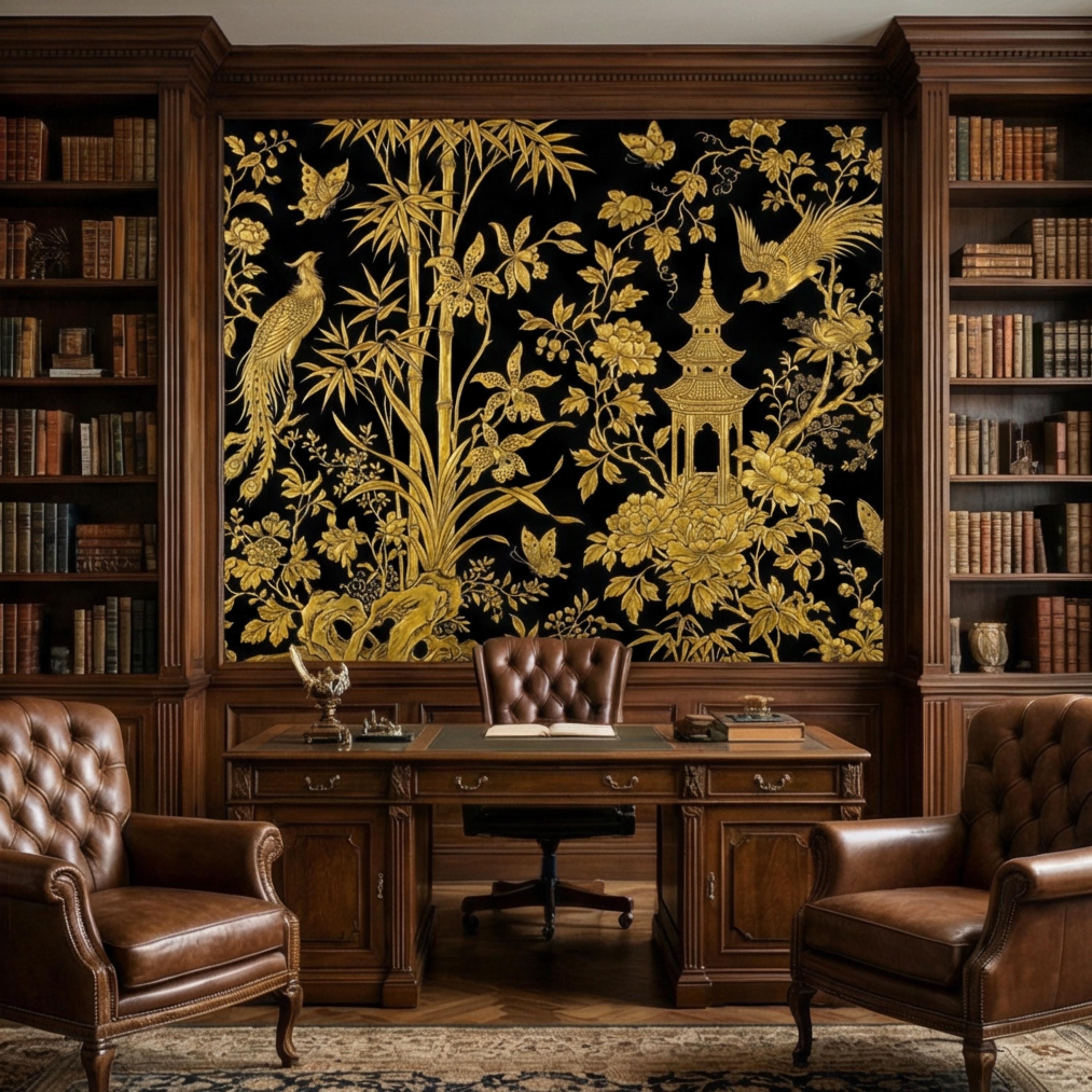 Luxe Black & Gold Botanical Asian Chinoiserie Peel and Stick Wall Mural, Bamboo Peony Pagoda Birds Butterflies Wallpaper