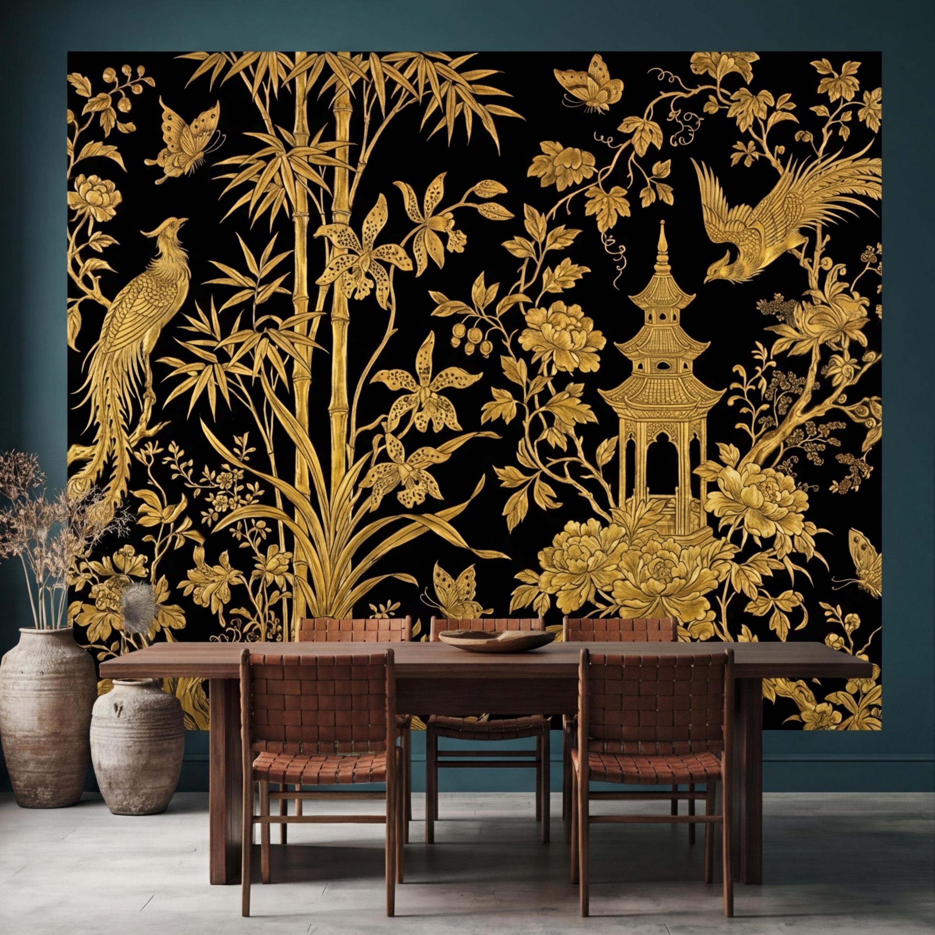 Luxe Black & Gold Botanical Asian Chinoiserie Peel and Stick Wall Mural, Bamboo Peony Pagoda Birds Butterflies Wallpaper