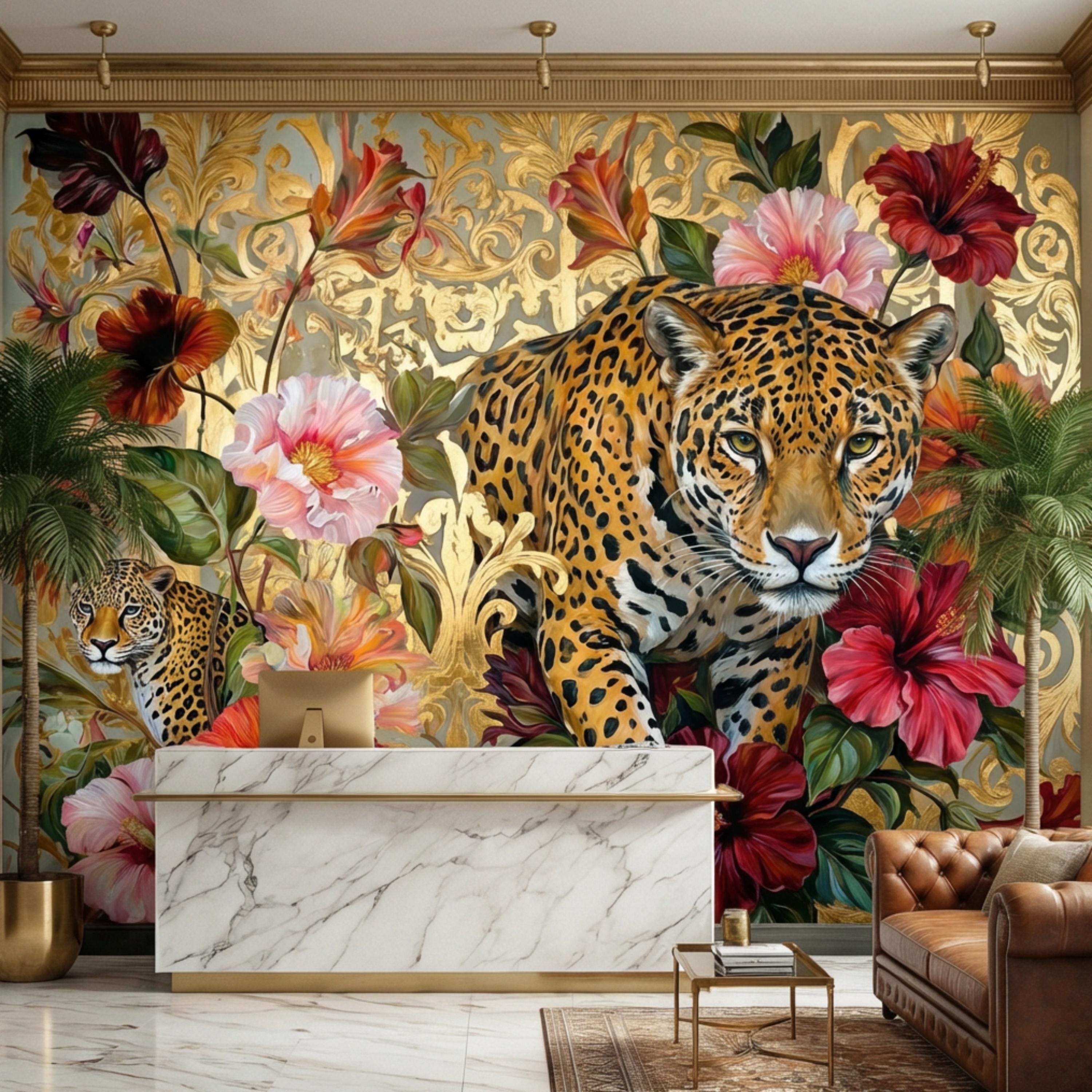 Luxury Gold Baroque Leopard in Hibiscus Flowers Peel and Stick Wall Mural, Glam Jungle Botanical Tropical Wallpaper