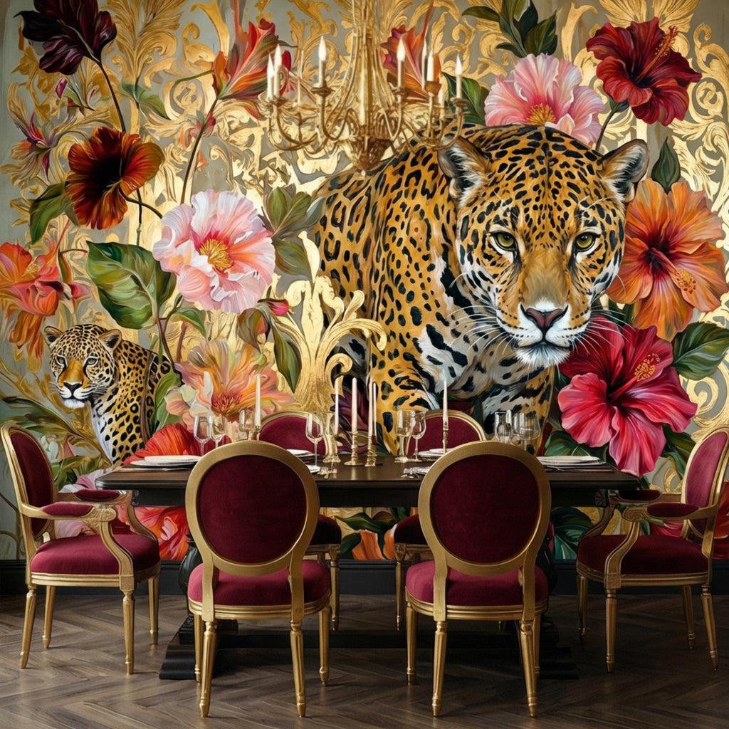 Luxury Gold Baroque Leopard in Hibiscus Flowers Peel and Stick Wall Mural, Glam Jungle Botanical Tropical Wallpaper