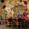 Luxury Gold Baroque Leopard in Hibiscus Flowers Peel and Stick Wall Mural, Glam Jungle Botanical Tropical Wallpaper