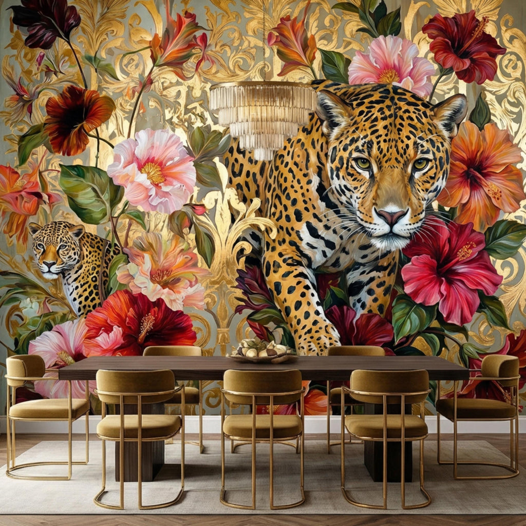 Luxury Gold Baroque Leopard in Hibiscus Flowers Peel and Stick Wall Mural, Glam Jungle Botanical Tropical Wallpaper
