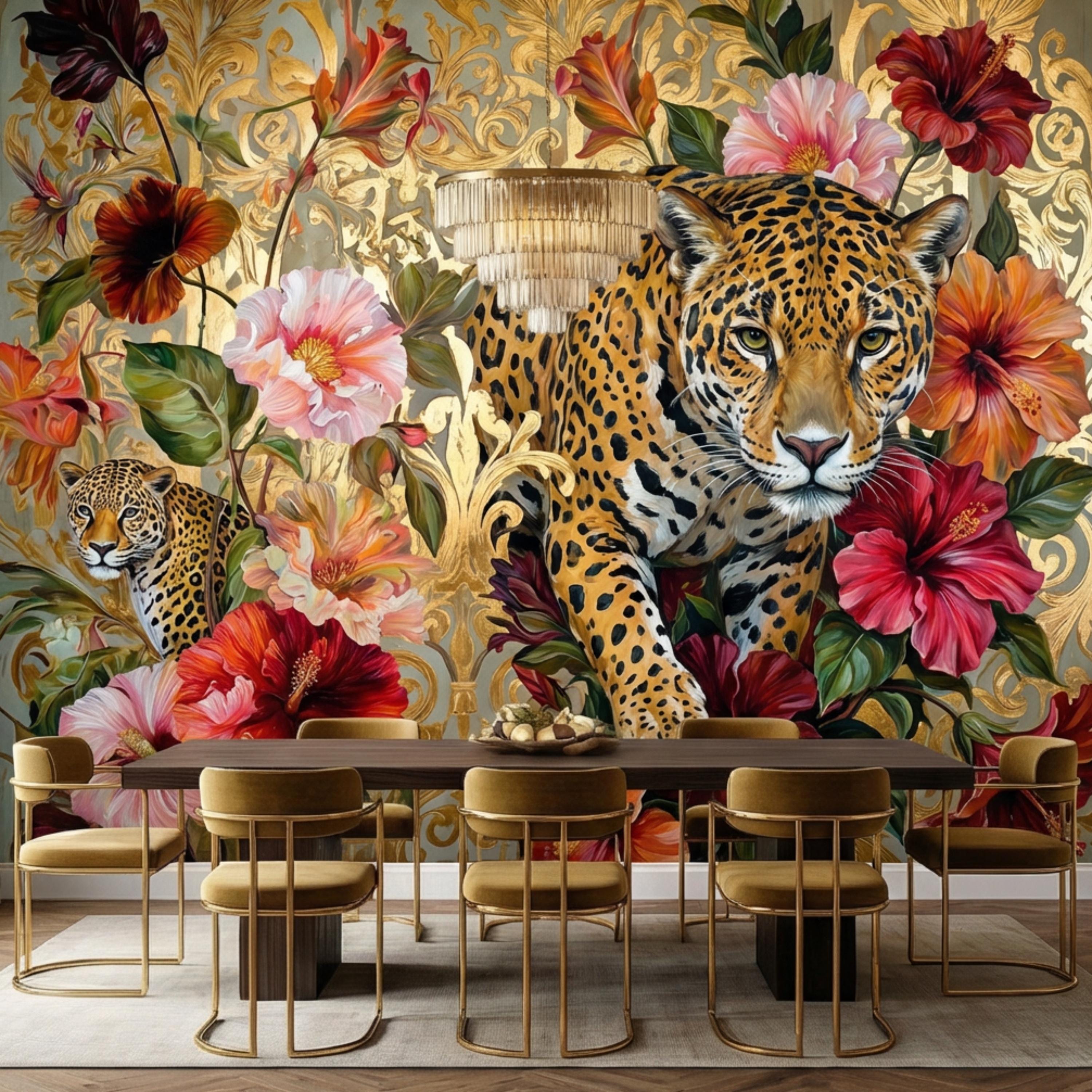Luxury Gold Baroque Leopard in Hibiscus Flowers Peel and Stick Wall Mural, Glam Jungle Botanical Tropical Wallpaper