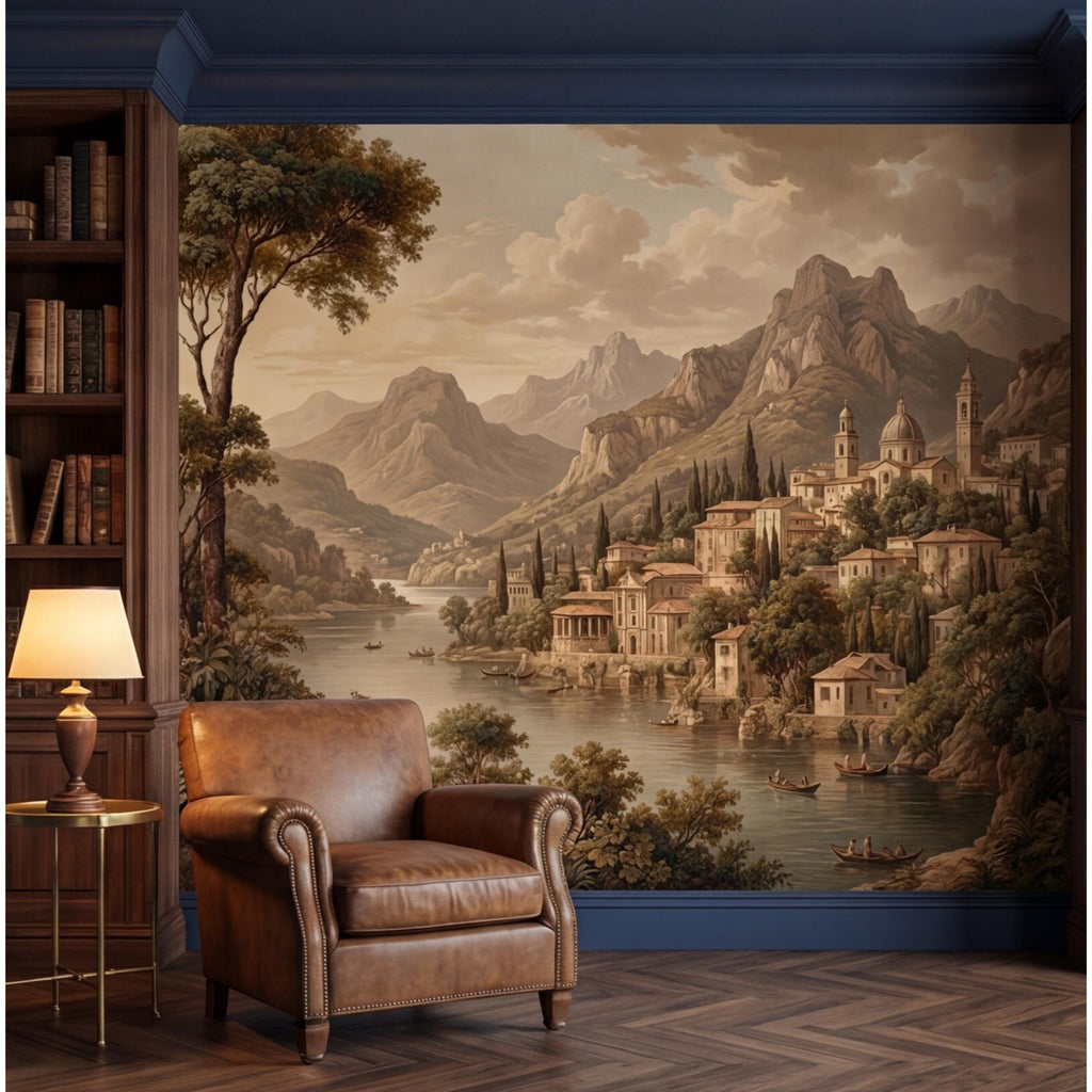 Vintage Italian Lake Village Landscape Peel and Stick Wall Mural, Mediterranean Mountain Lake European Scenic Wallpaper