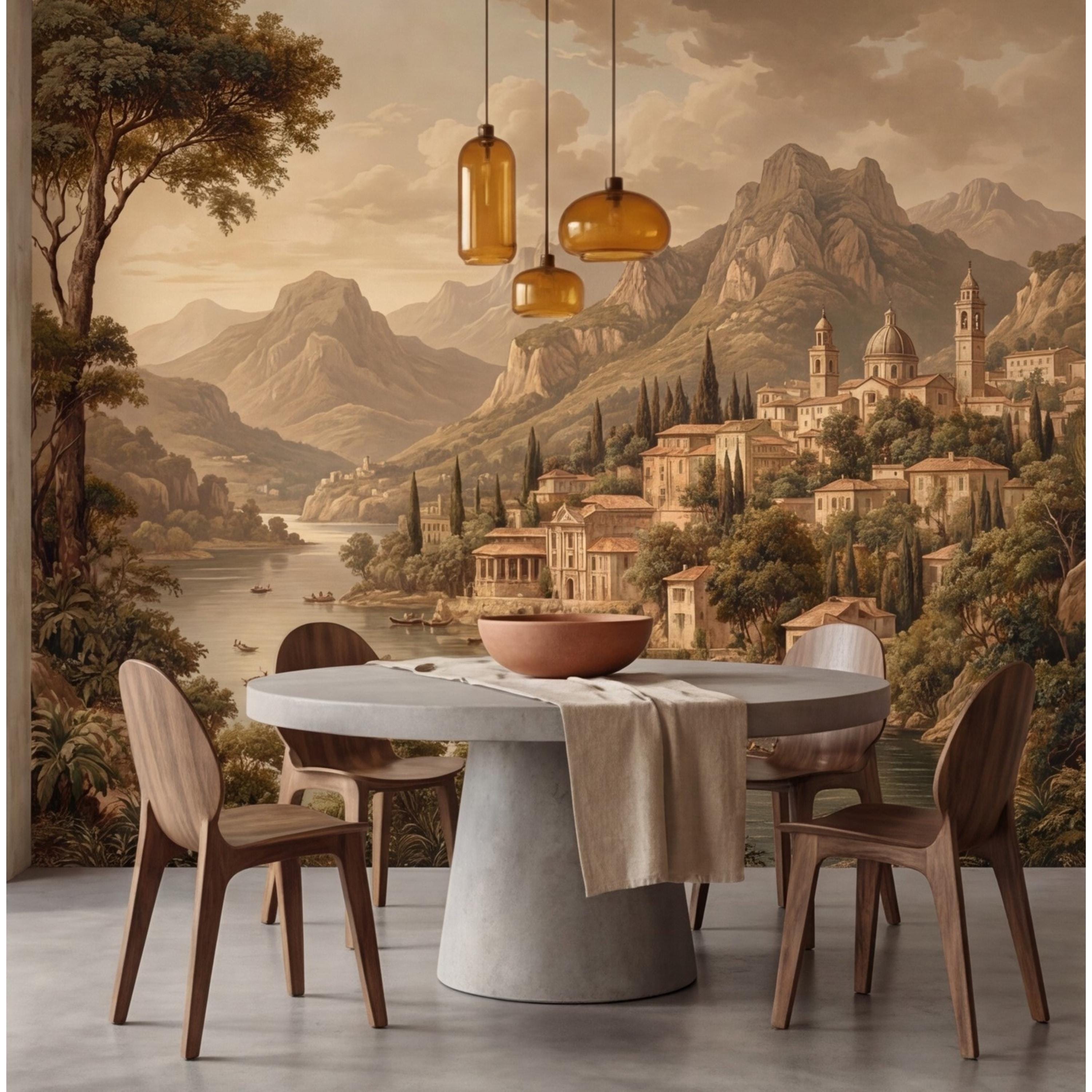Vintage Italian Lake Village Landscape Peel and Stick Wall Mural, Mediterranean Mountain Lake European Scenic Wallpaper
