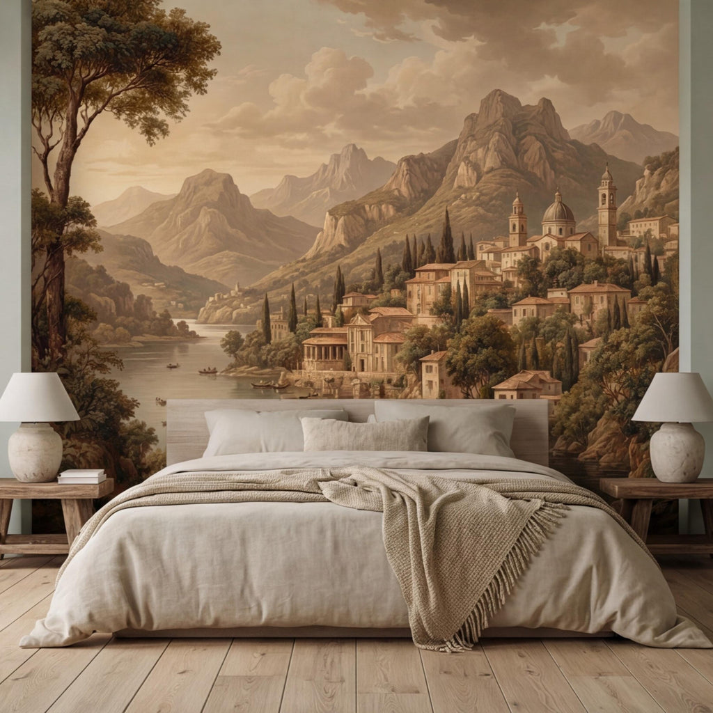 Vintage Italian Lake Village Landscape Peel and Stick Wall Mural, Mediterranean Mountain Lake European Scenic Wallpaper