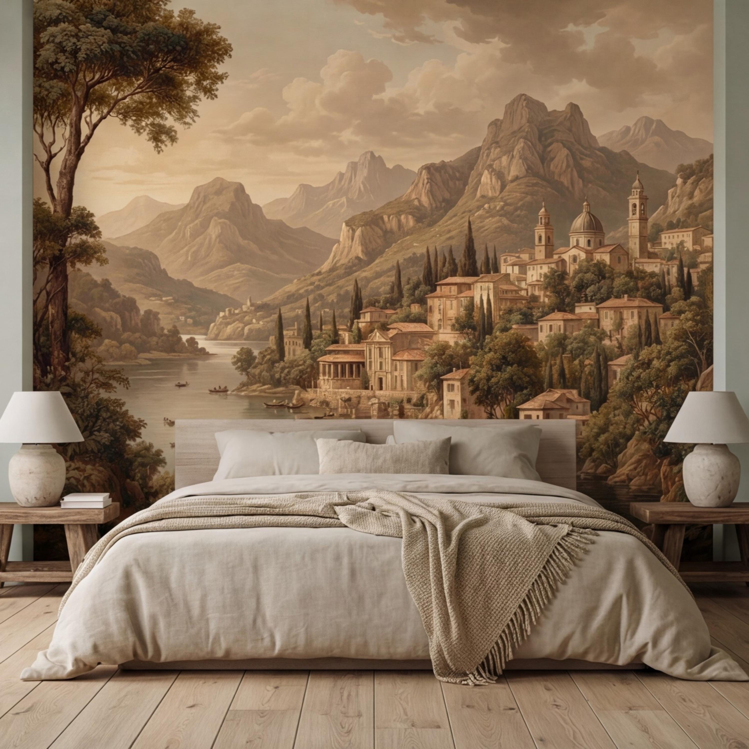 Vintage Italian Lake Village Landscape Peel and Stick Wall Mural, Mediterranean Mountain Lake European Scenic Wallpaper