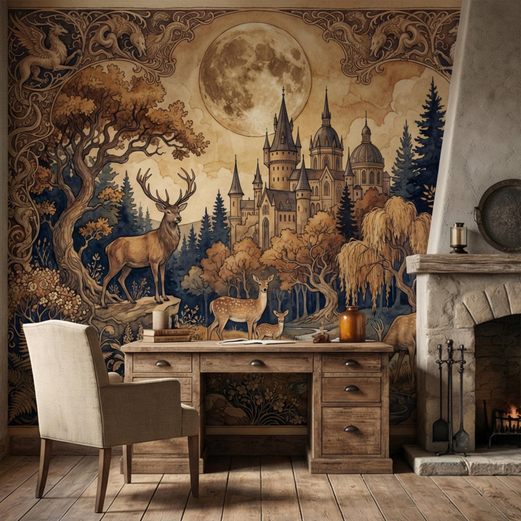 Moonlit Castle Forest Deer Woodland Fantasy Peel and Stick Wall Mural, Art Nouveau Tapestry Style Gothic Fairytale Wallpaper