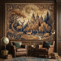 Moonlit Castle Forest Deer Woodland Fantasy Peel and Stick Wall Mural, Art Nouveau Tapestry Style Gothic Fairytale Wallpaper