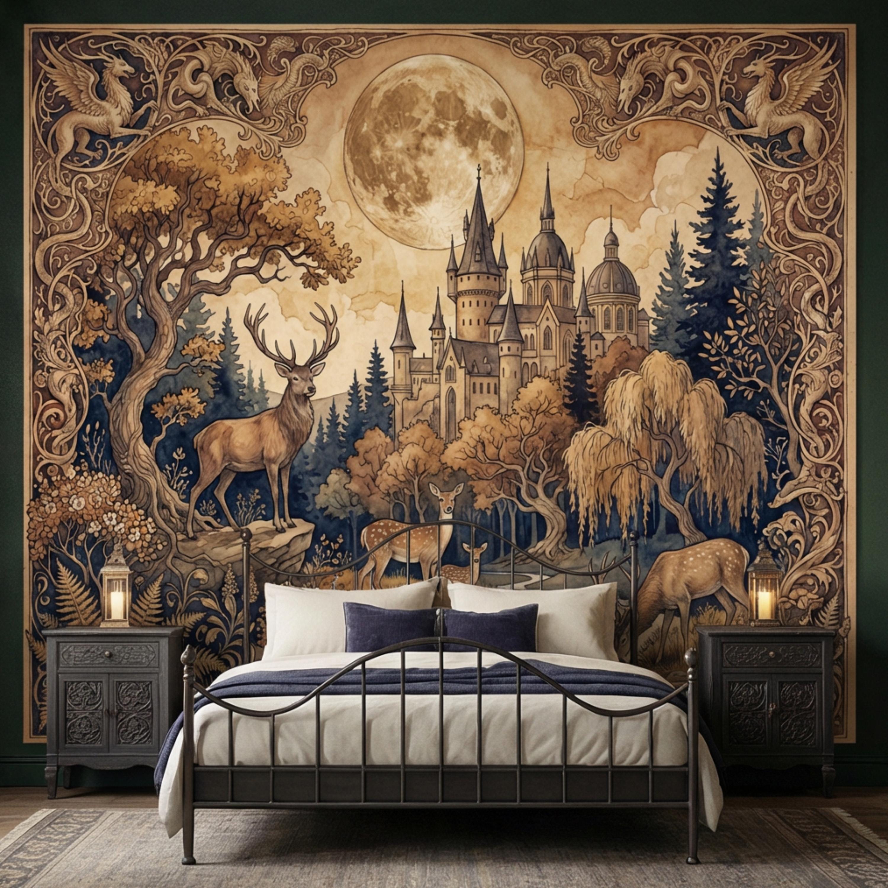 Moonlit Castle Forest Deer Woodland Fantasy Peel and Stick Wall Mural, Art Nouveau Tapestry Style Gothic Fairytale Wallpaper