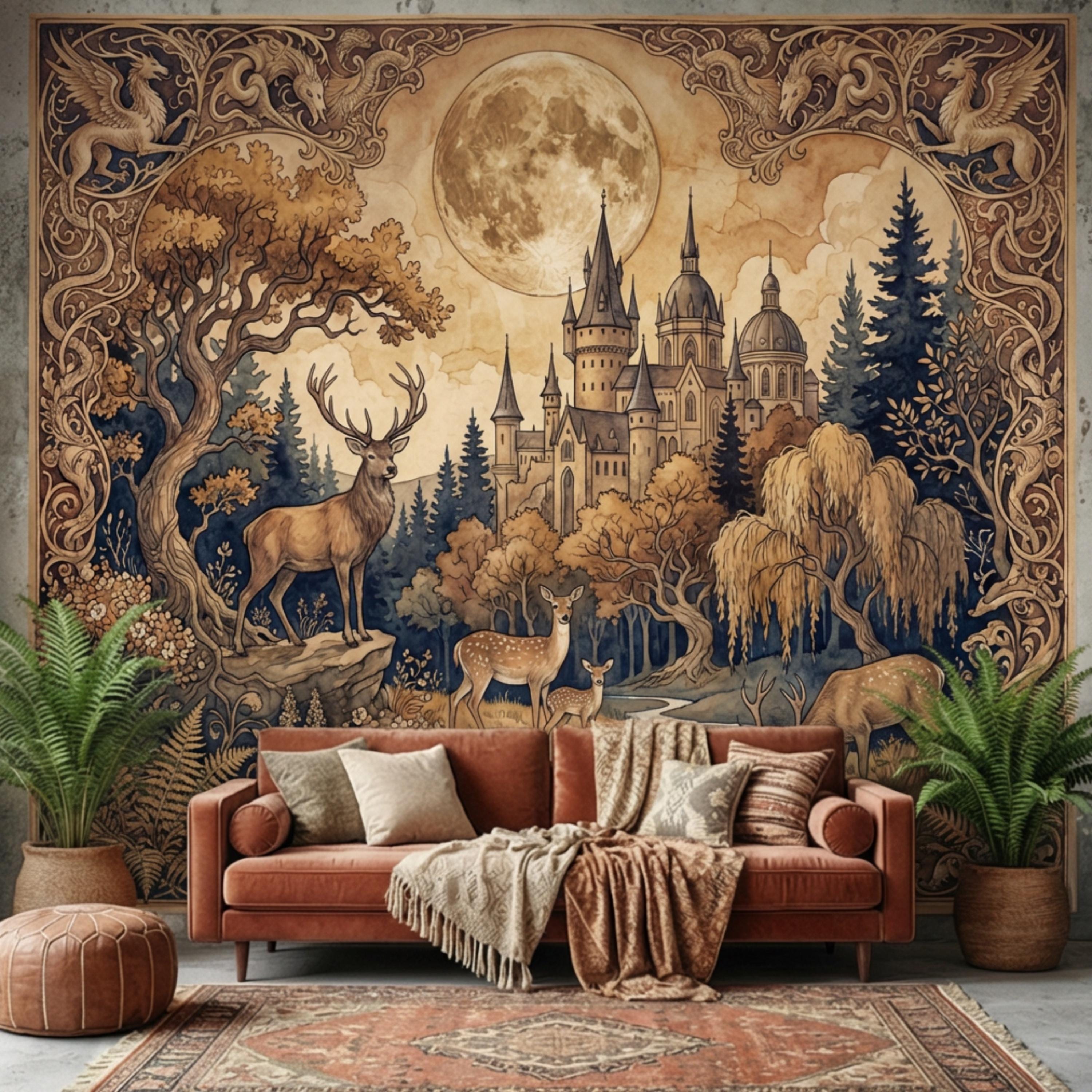 Moonlit Castle Forest Deer Woodland Fantasy Peel and Stick Wall Mural, Art Nouveau Tapestry Style Gothic Fairytale Wallpaper