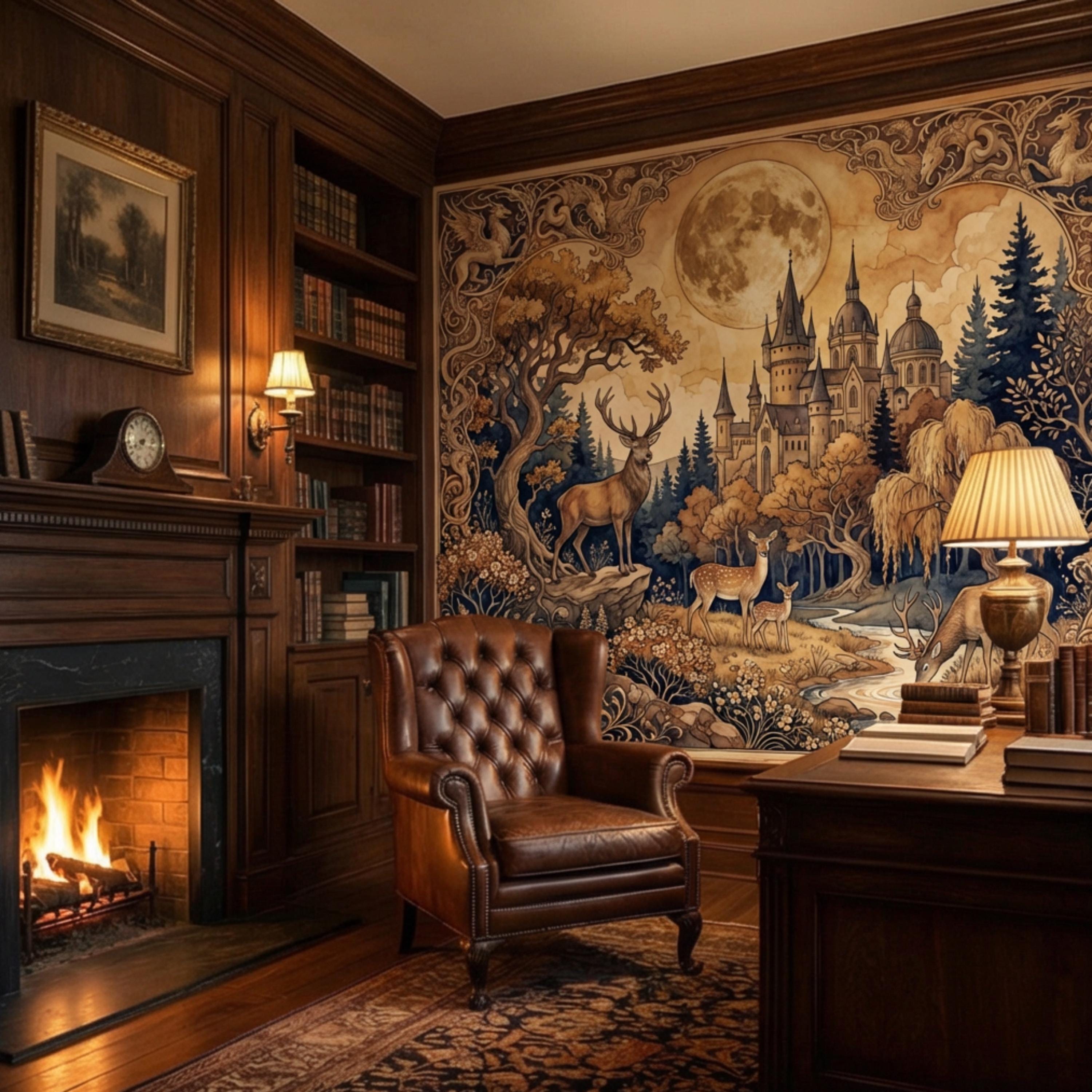 Moonlit Castle Forest Deer Woodland Fantasy Peel and Stick Wall Mural, Art Nouveau Tapestry Style Gothic Fairytale Wallpaper