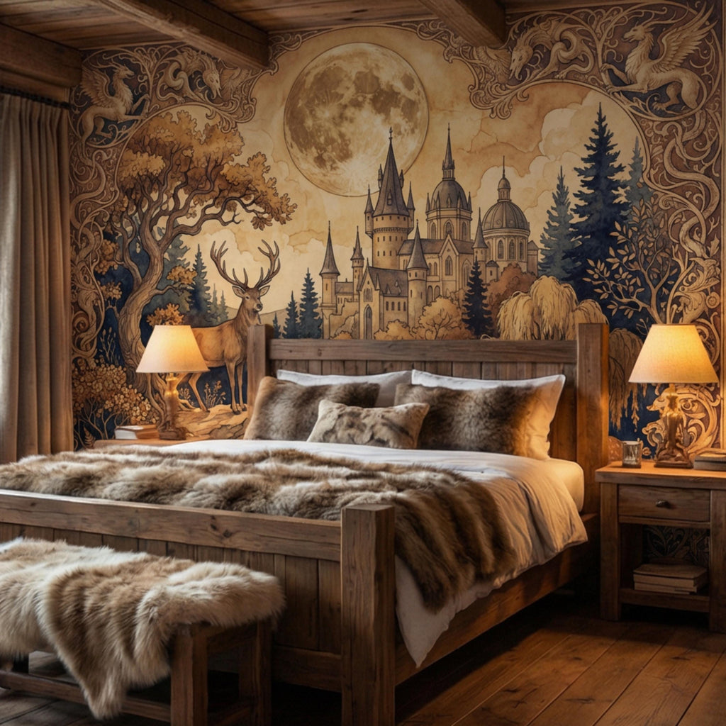 Moonlit Castle Forest Deer Woodland Fantasy Peel and Stick Wall Mural, Art Nouveau Tapestry Style Gothic Fairytale Wallpaper