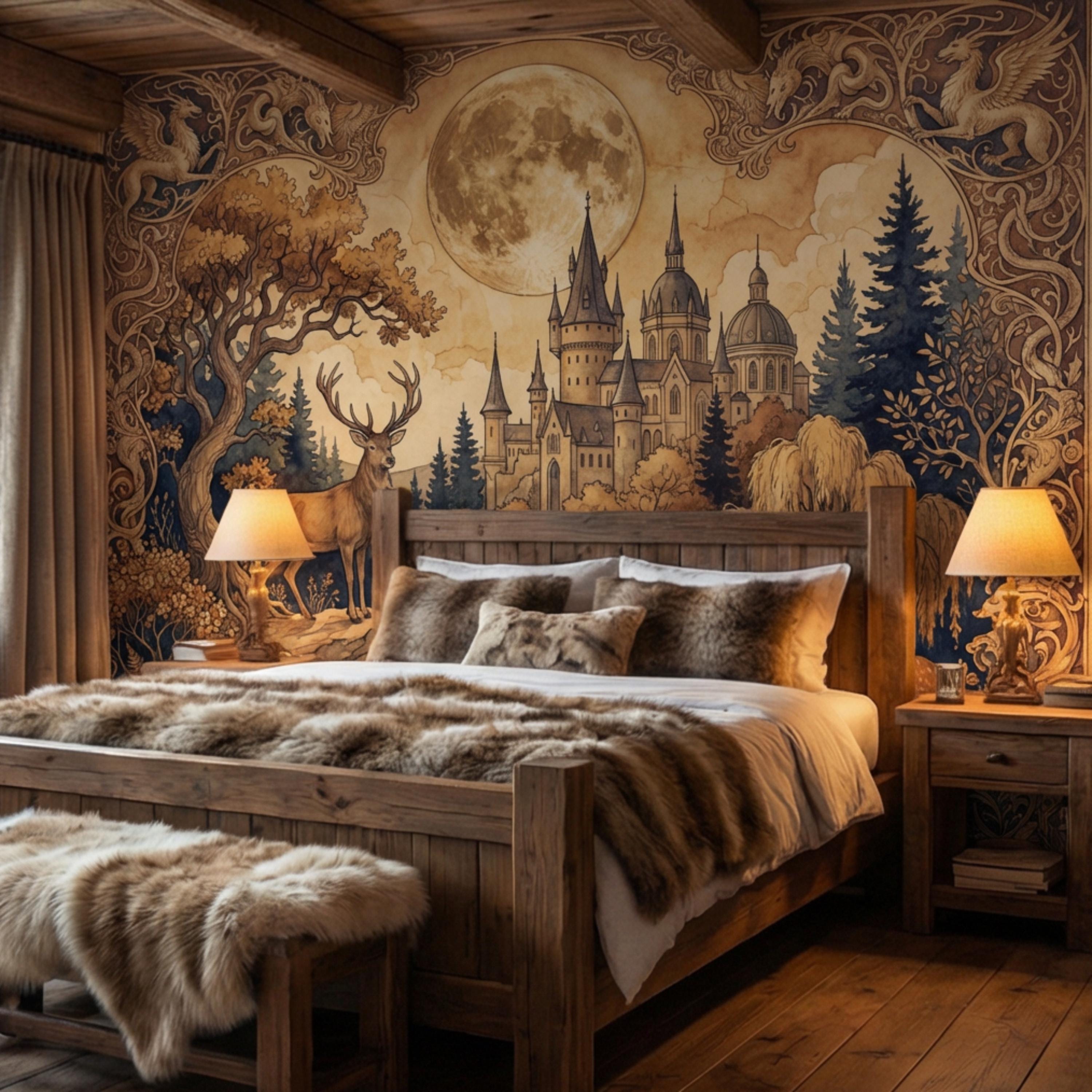 Moonlit Castle Forest Deer Woodland Fantasy Peel and Stick Wall Mural, Art Nouveau Tapestry Style Gothic Fairytale Wallpaper