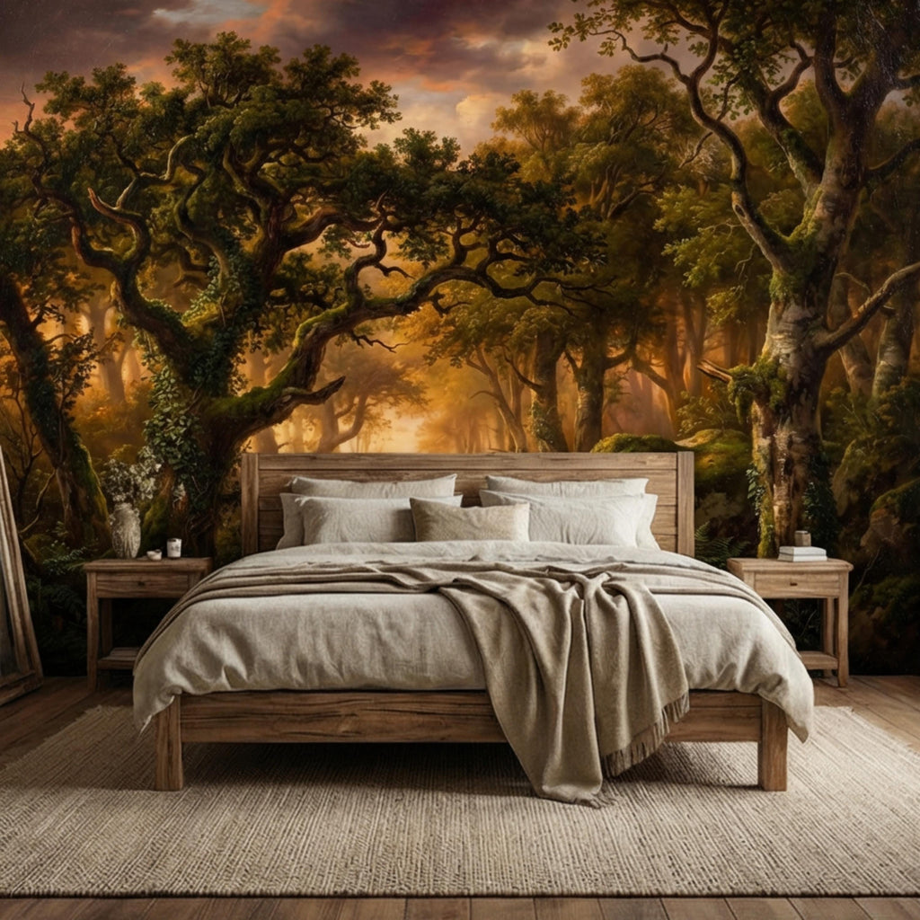 Enchanted Forest Path at Sunset Golden Woodland Landscape Peel and Stick Wall Mural, Moody Forest Wallpaper, Nature Wall Decor