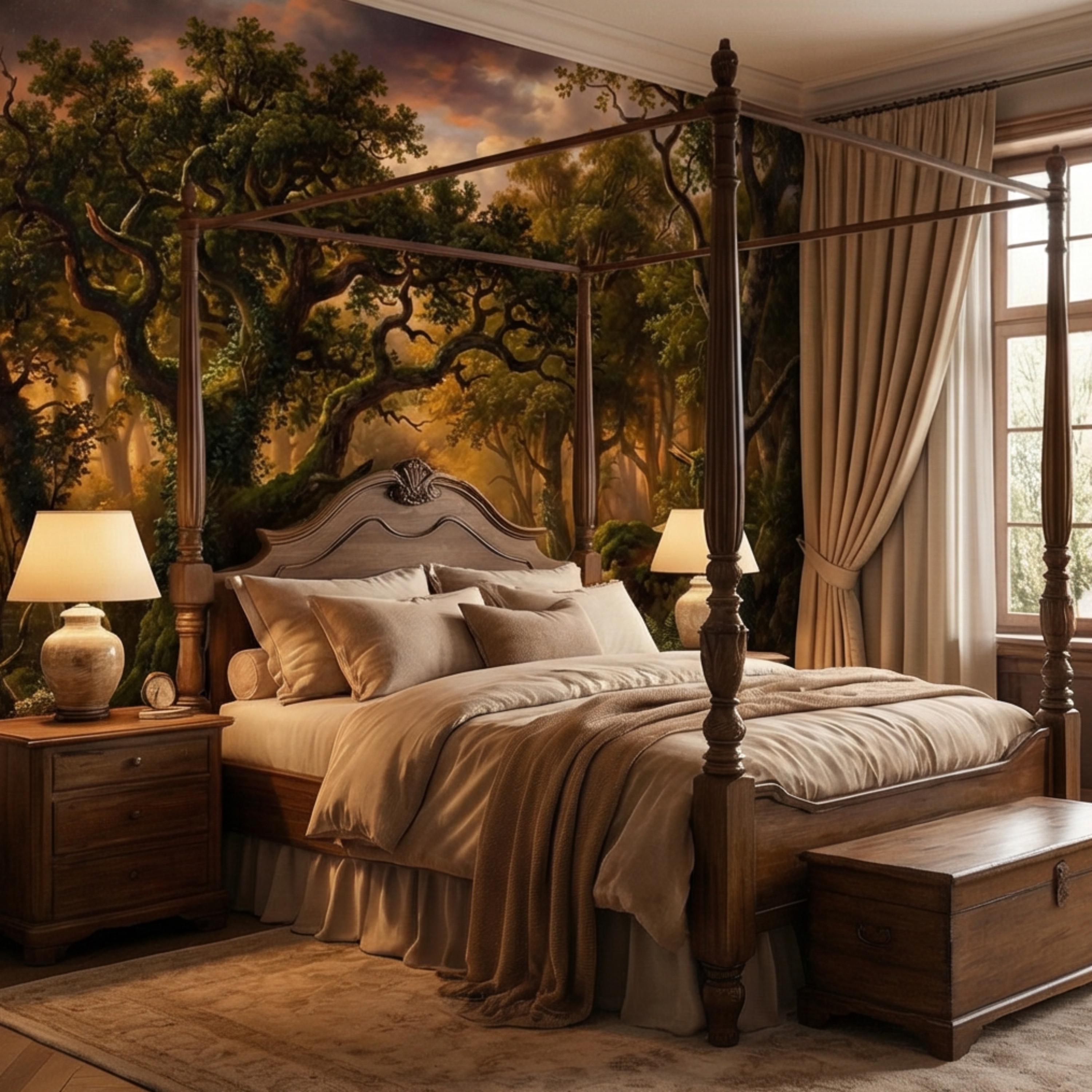 Enchanted Forest Path at Sunset Golden Woodland Landscape Peel and Stick Wall Mural, Moody Forest Wallpaper, Nature Wall Decor