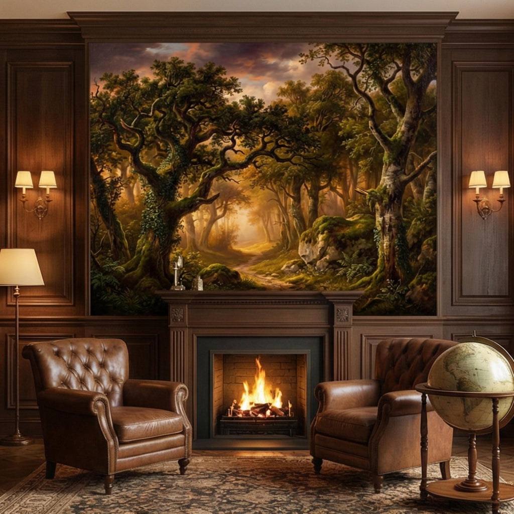 Enchanted Forest Path at Sunset Golden Woodland Landscape Peel and Stick Wall Mural, Moody Forest Wallpaper, Nature Wall Decor